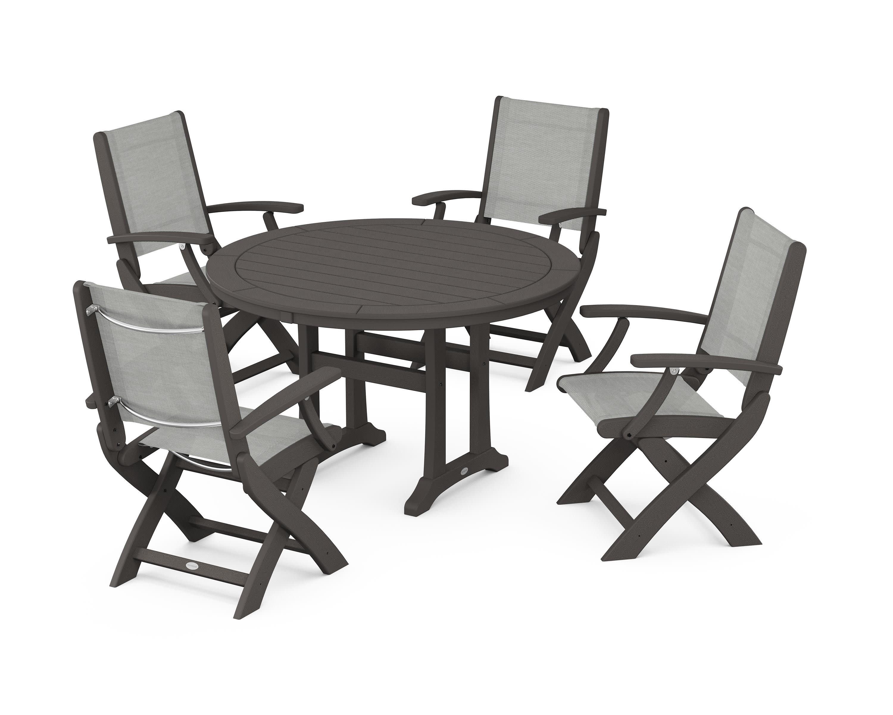 Coastal Folding Chair 5-Piece Round Dining Set with Trestle Legs in Vintage Coffee / Metallic Sling