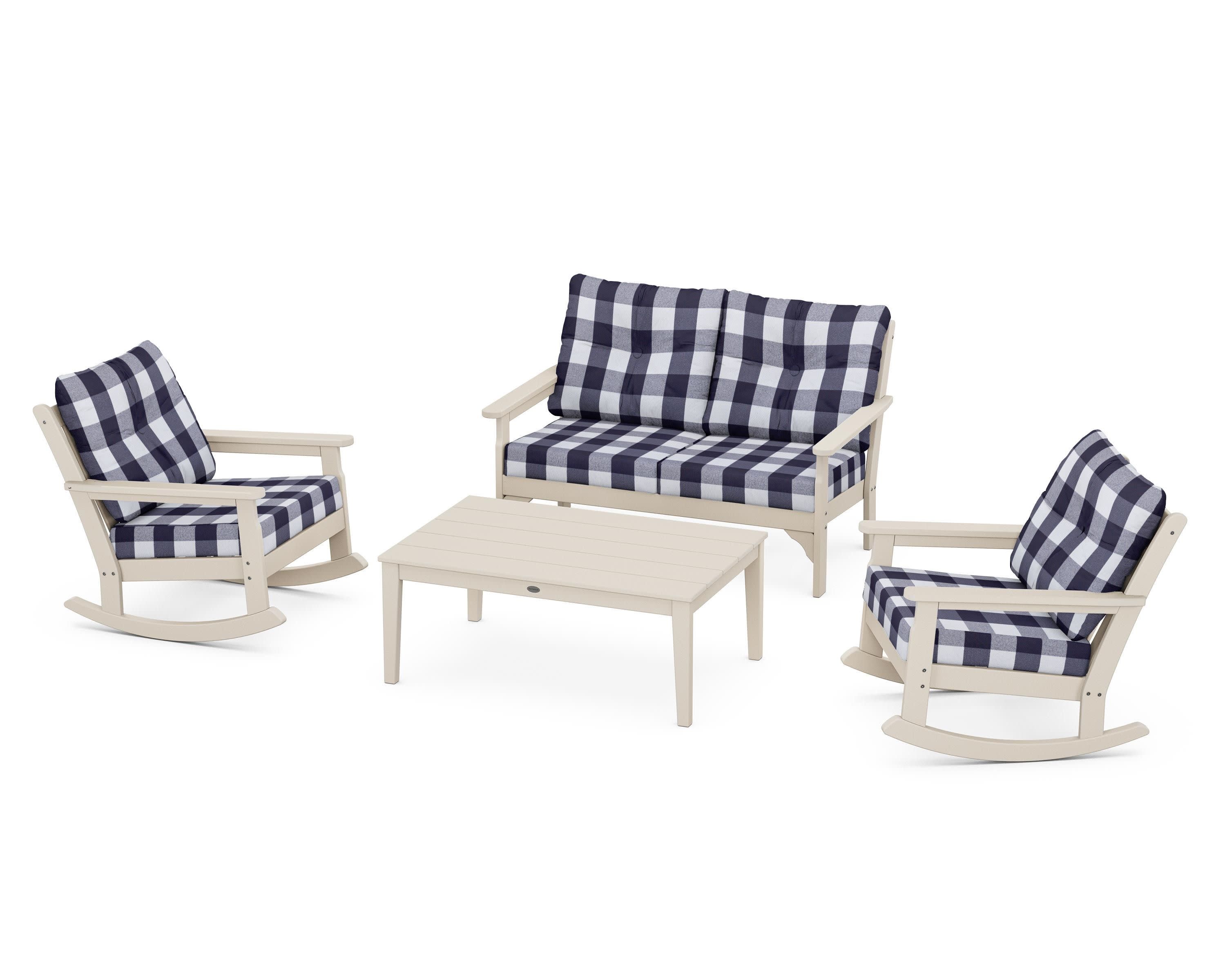 Vineyard 4-Piece Deep Seating Rocking Chair Set in Sand / Buffalo Plaid Navy