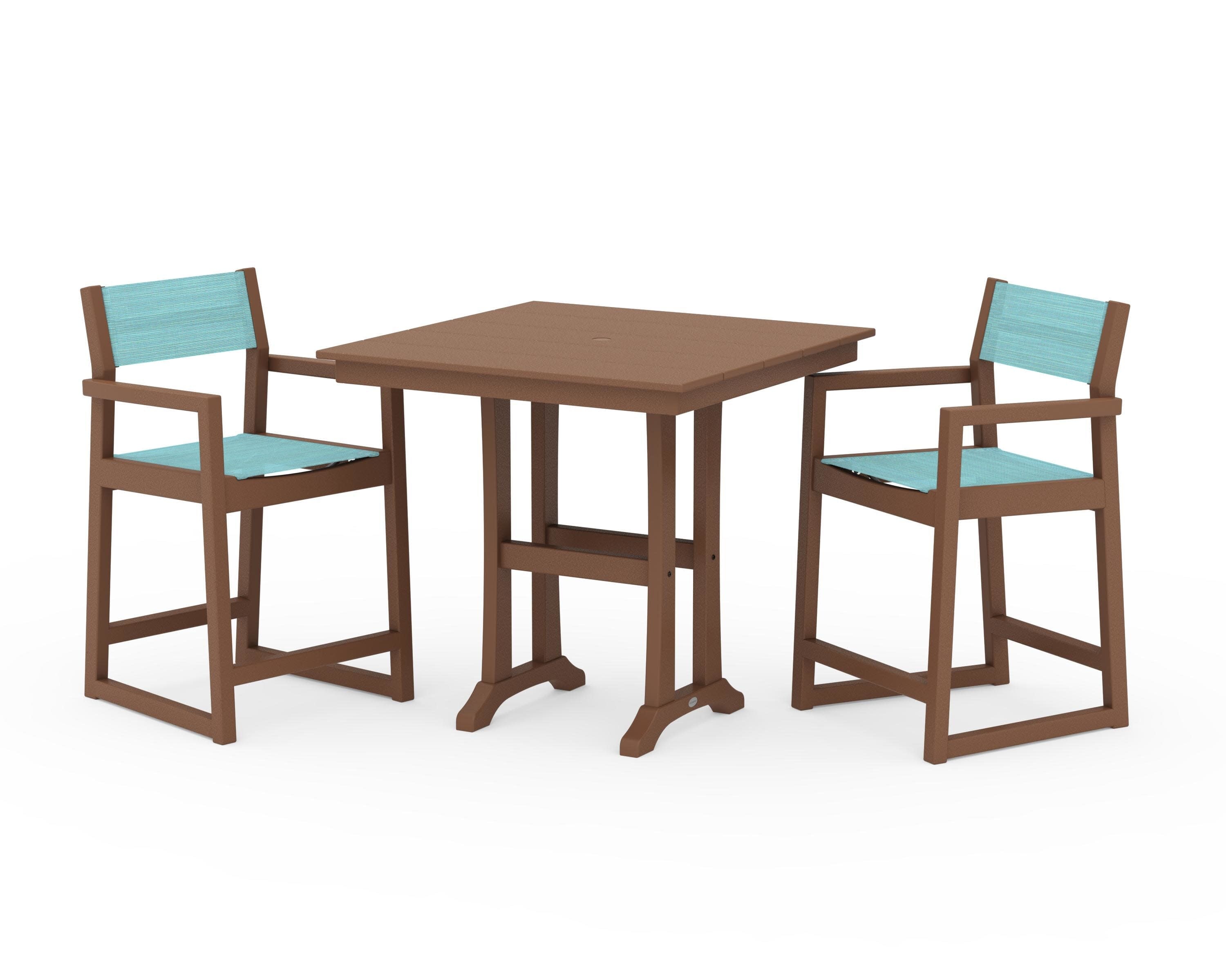 EDGE Sling Arm Chair 3-Piece Farmhouse Counter Set with Trestle Legs in Teak / Dupioni Aquamarine Sling