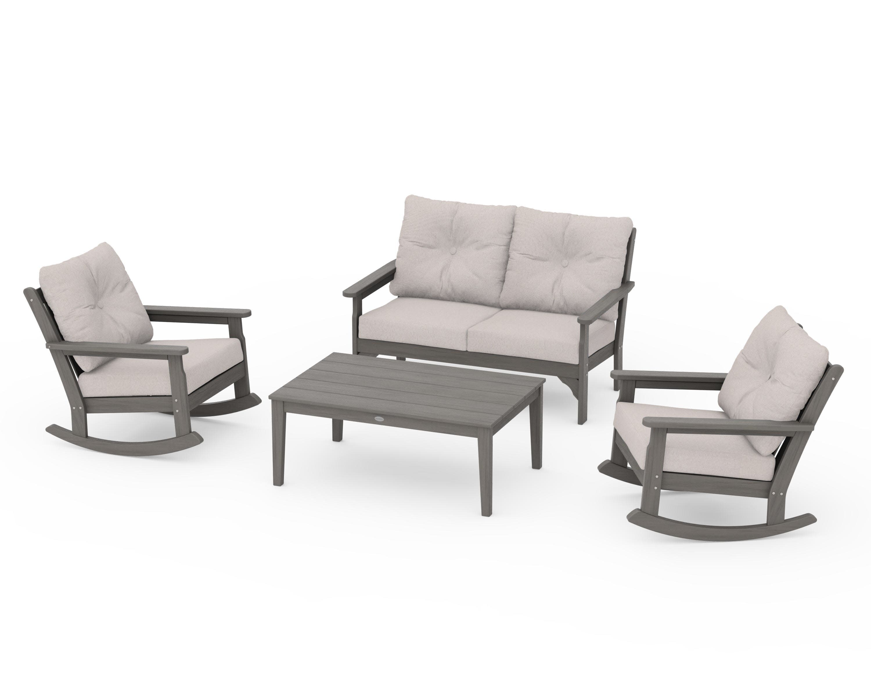 Vineyard 4-Piece Deep Seating Rocking Chair Set in Driftwood / Dune Burlap