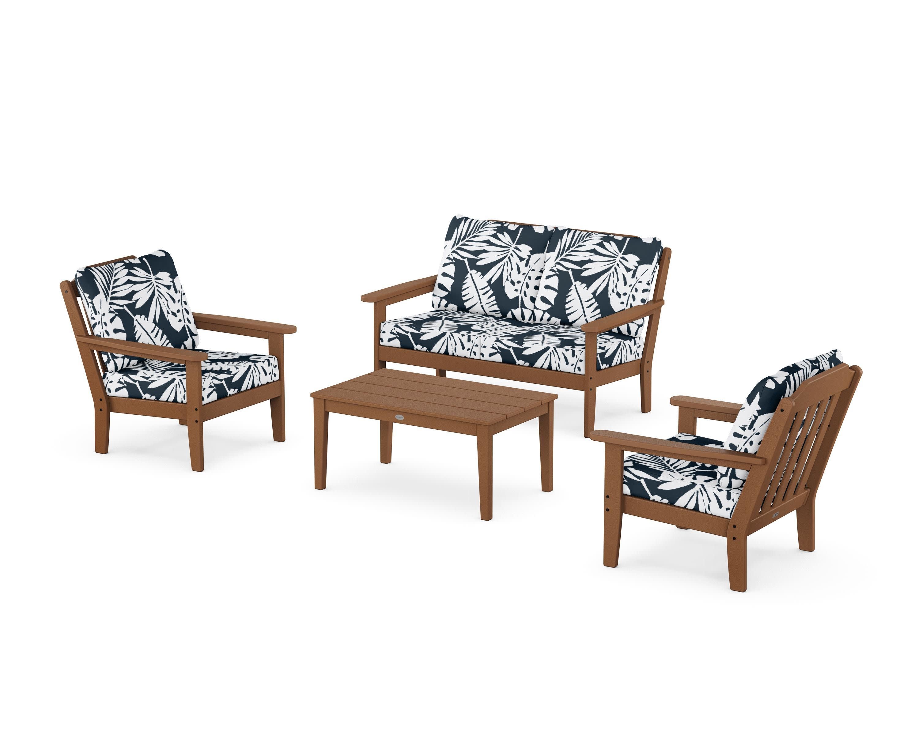 Cottage 4-Piece Deep Seating Set with Loveseat in Teak / Leaf Marine Indigo