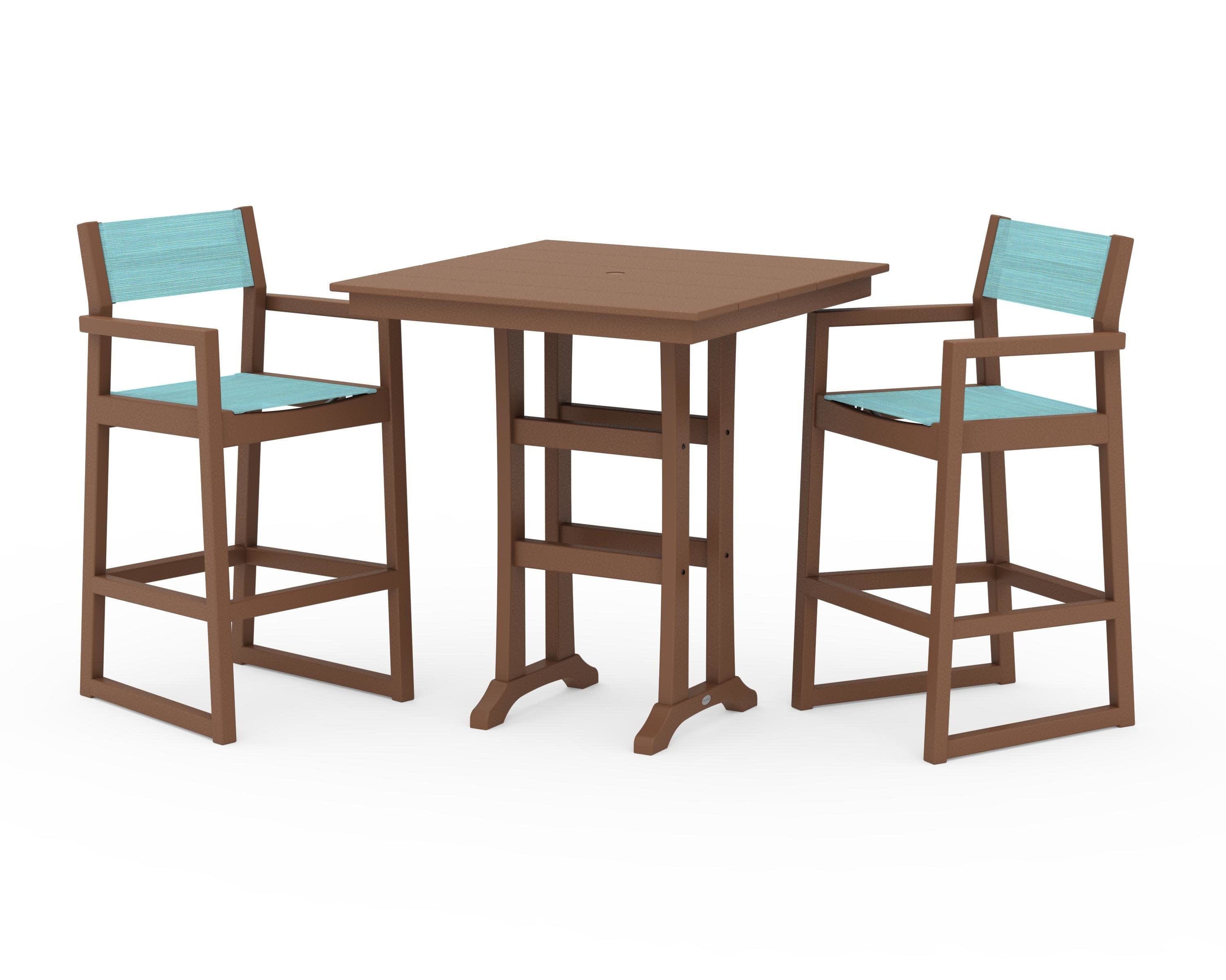EDGE Sling Arm Chair 3-Piece Farmhouse Bar Set with Trestle Legs in Teak / Dupioni Aquamarine Sling