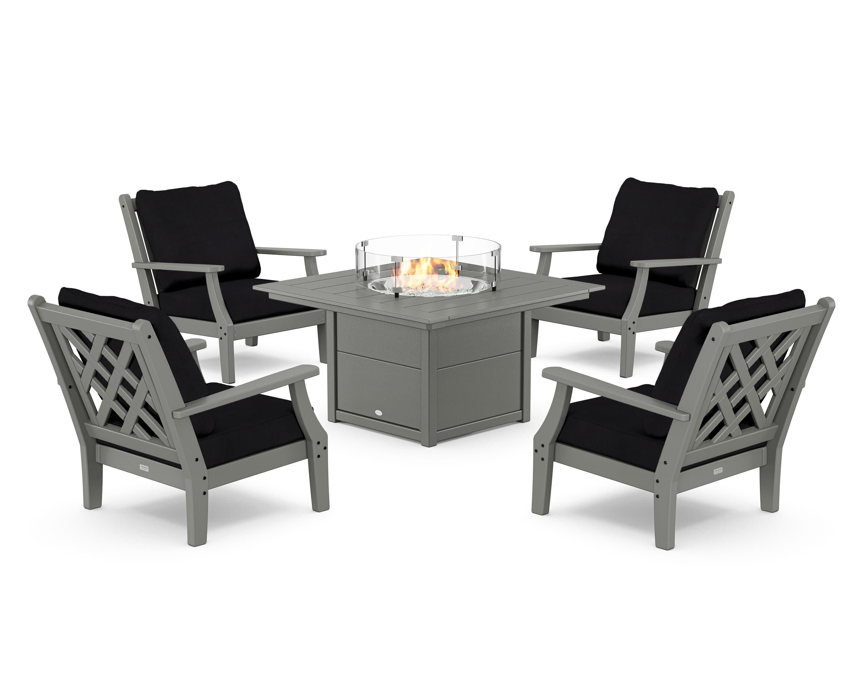 Wovendale 5-Piece Deep Seating Set with Fire Pit Table in Slate Grey / Midnight Linen