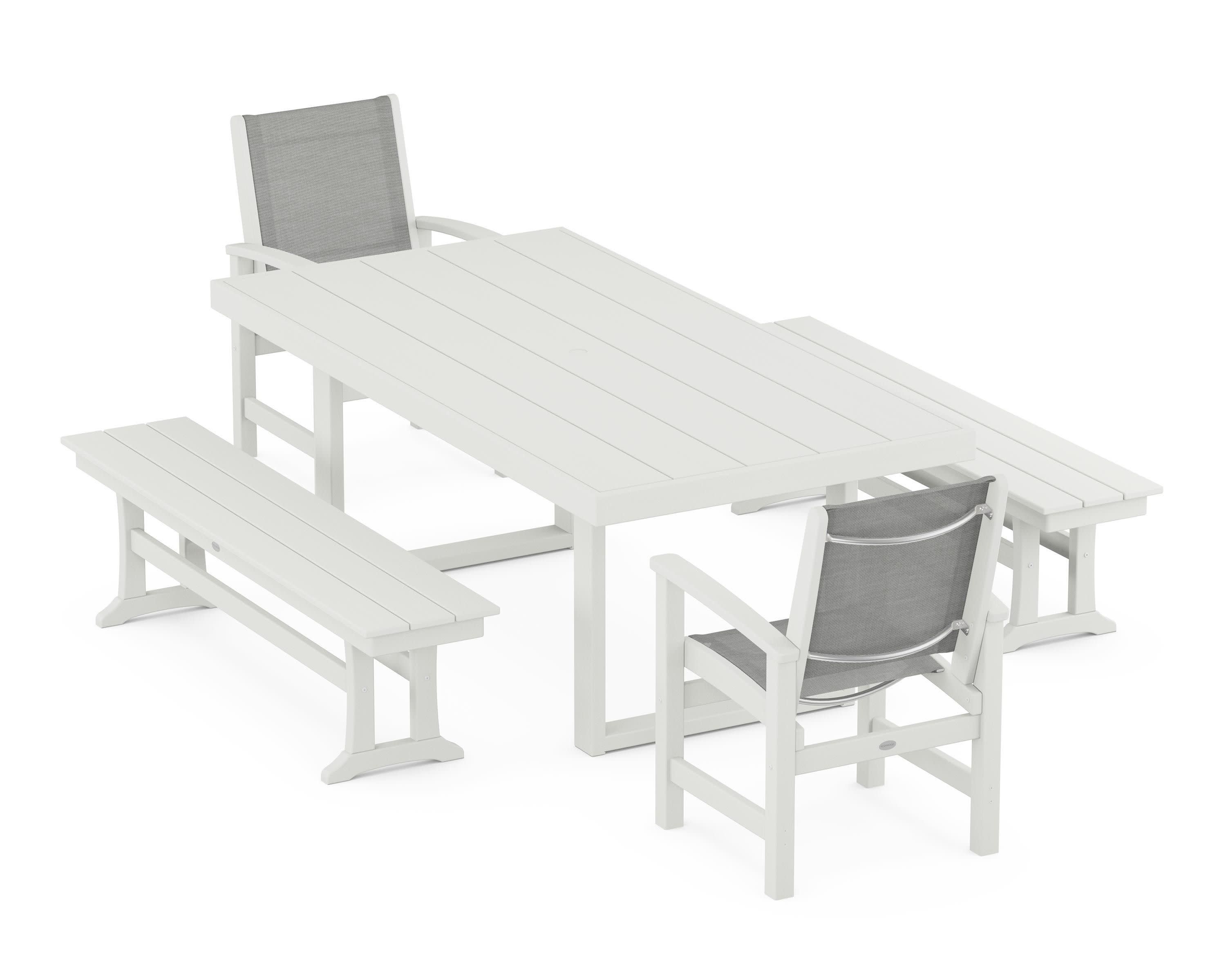 Coastal 5-Piece Dining Set with Trestle Legs in Vintage White / Metallic Sling