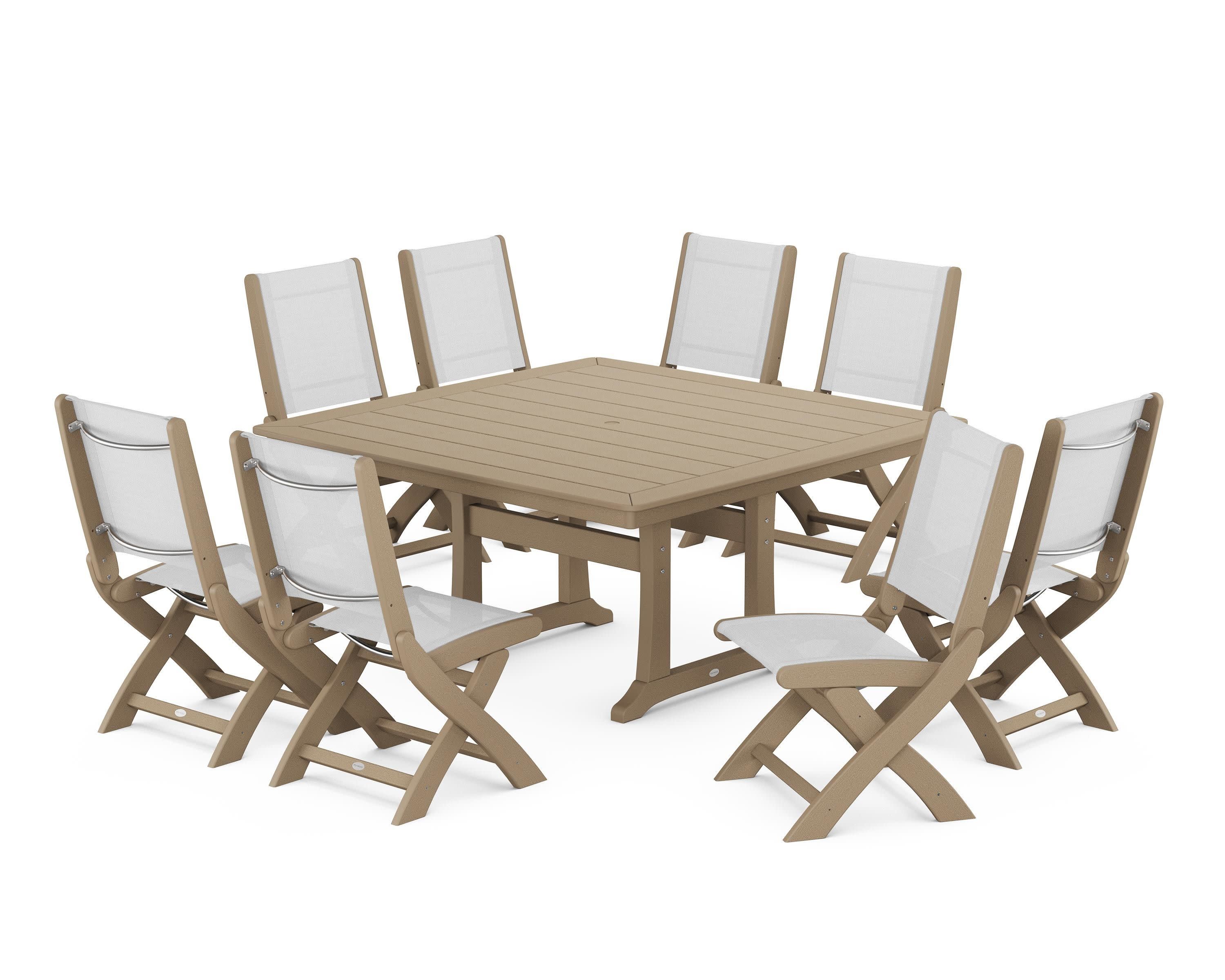 Coastal Folding Side Chair 9-Piece Dining Set with Trestle Legs in Vintage Sahara / White Sling