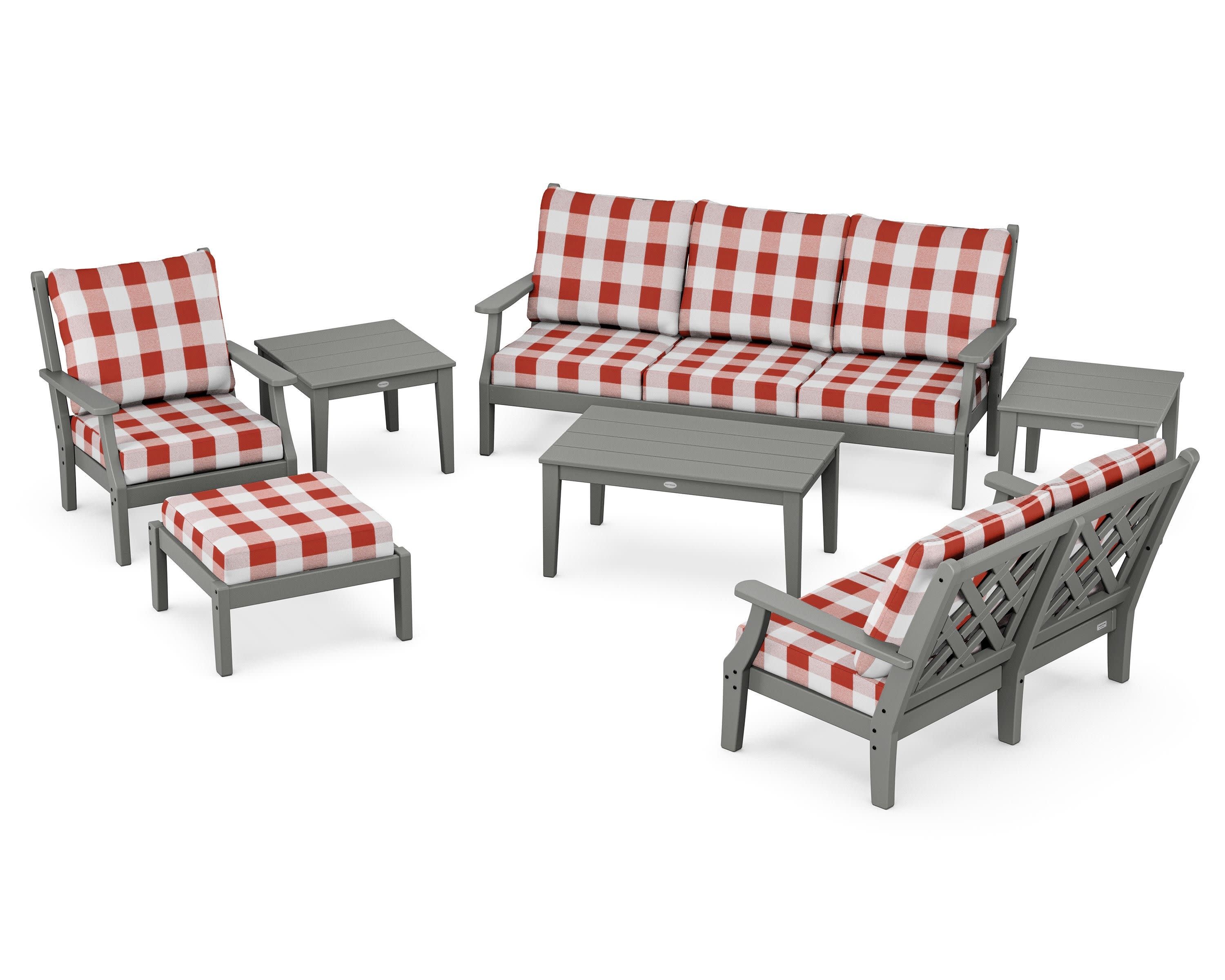 Wovendale 7-Piece Deep Seating Set in Slate Grey / Buffalo Plaid Crimson
