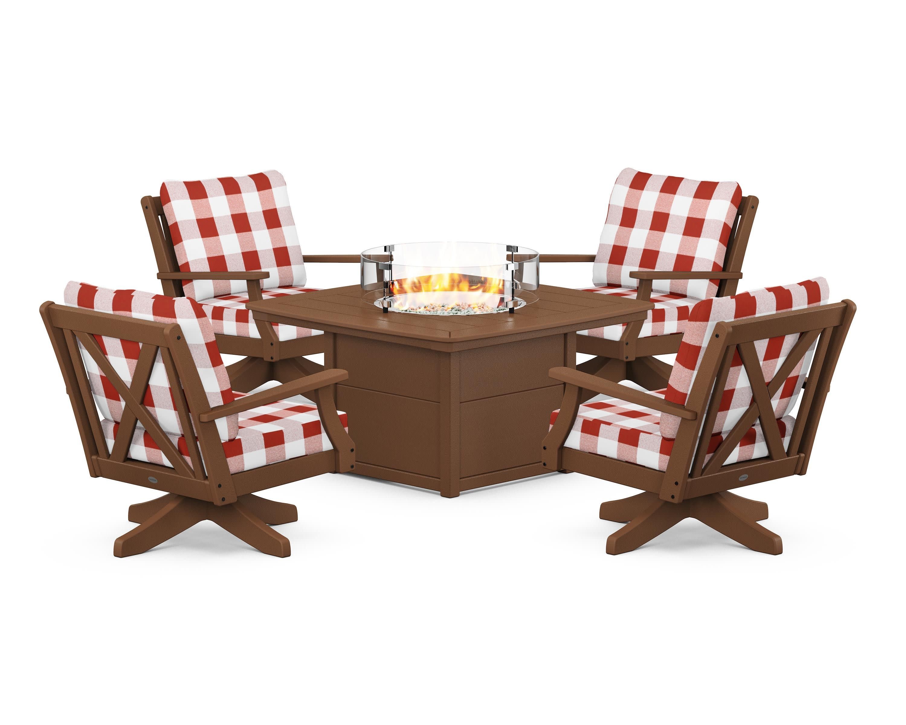 Braxton 5-Piece Deep Seating Swivel Conversation Set with Fire Pit Table in Teak / Buffalo Plaid Crimson
