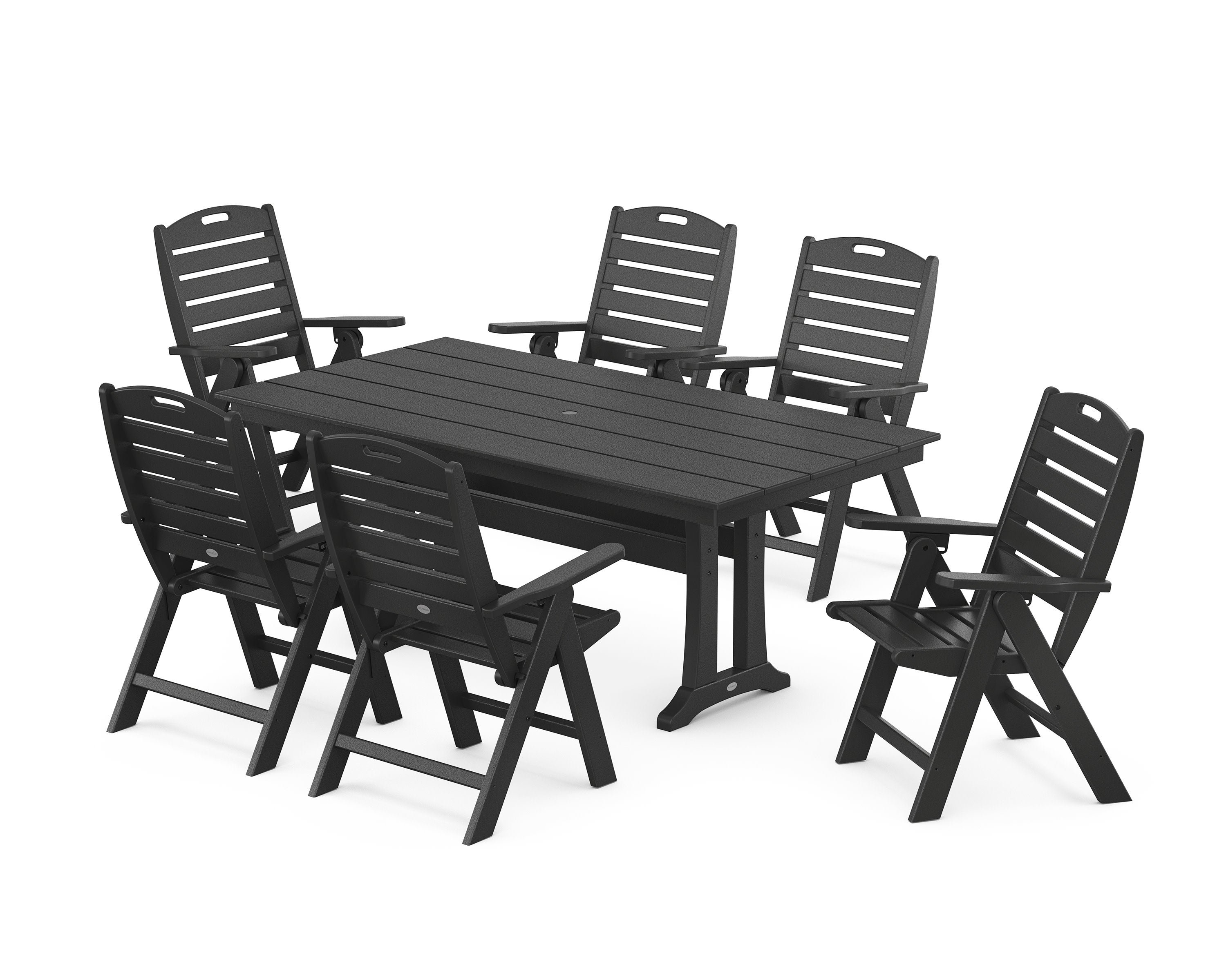 Nautical Highback 7-Piece Farmhouse Dining Set with Trestle Legs in Black