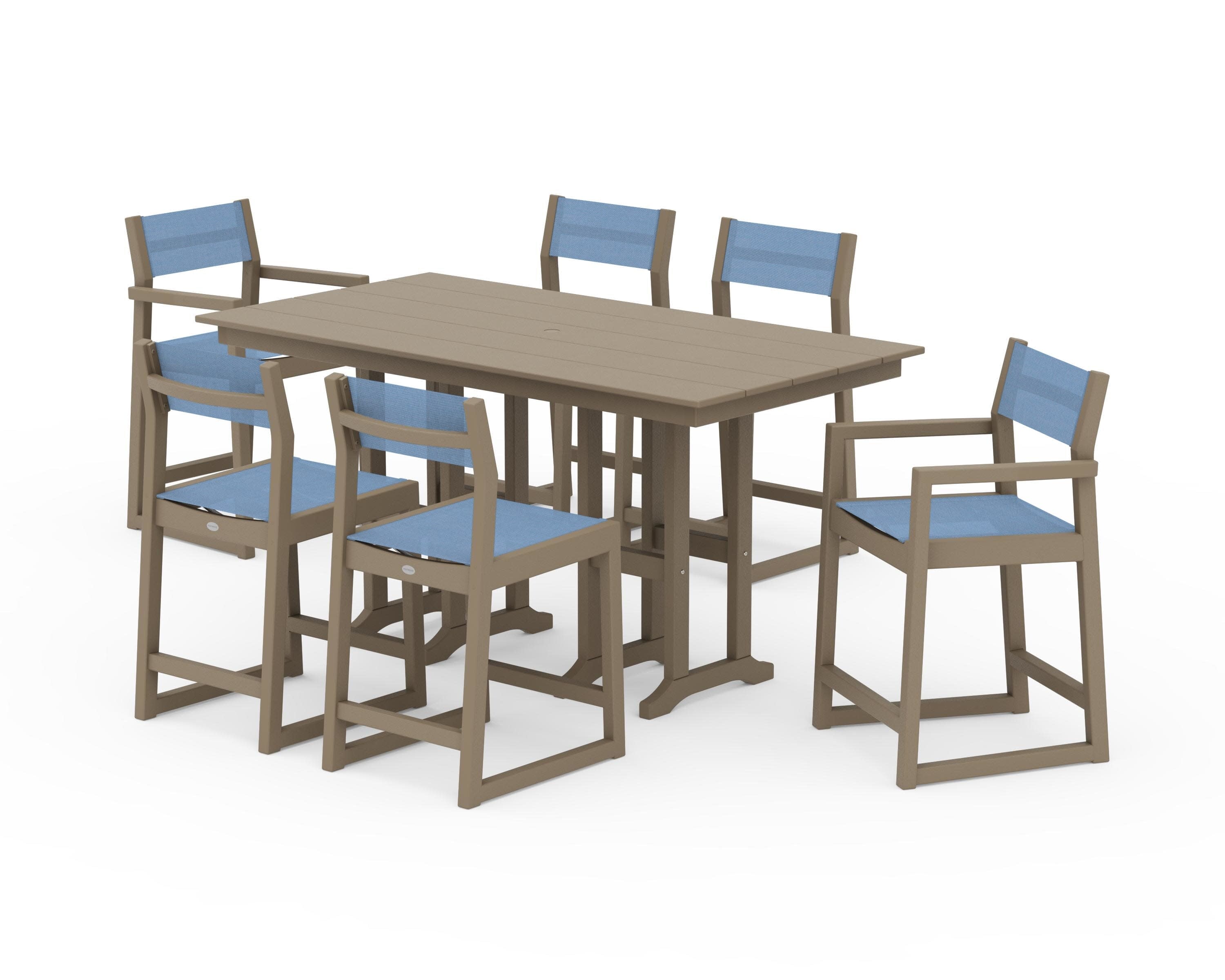 EDGE Sling 7-Piece Farmhouse Counter Set with Trestle Legs in Vintage Sahara / Poolside Sling