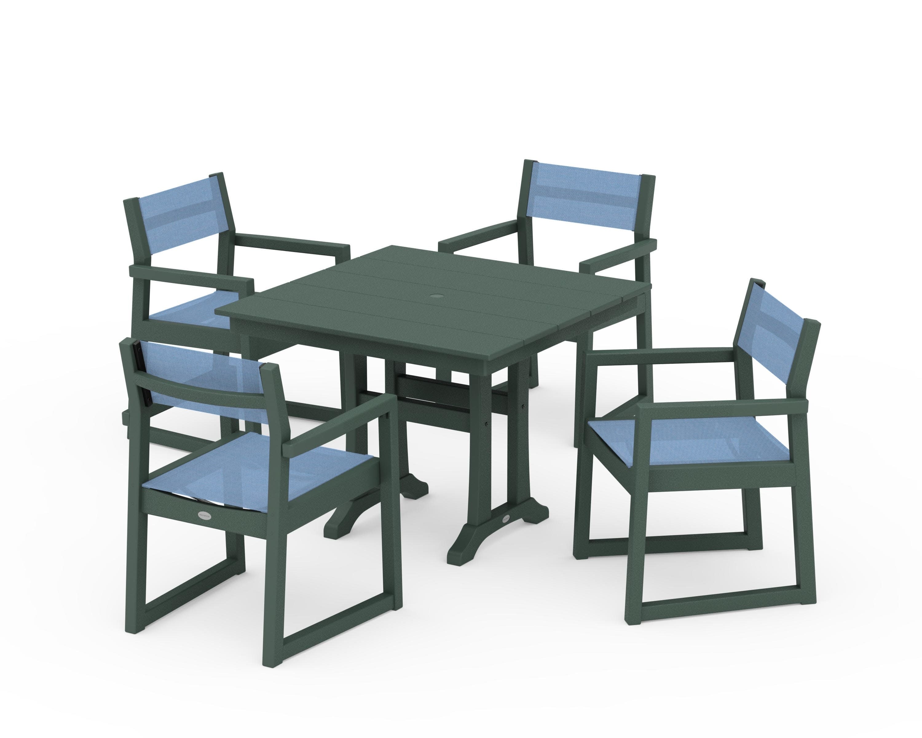 EDGE Sling 5-Piece Farmhouse Dining Set with Trestle Legs in Green / Poolside Sling