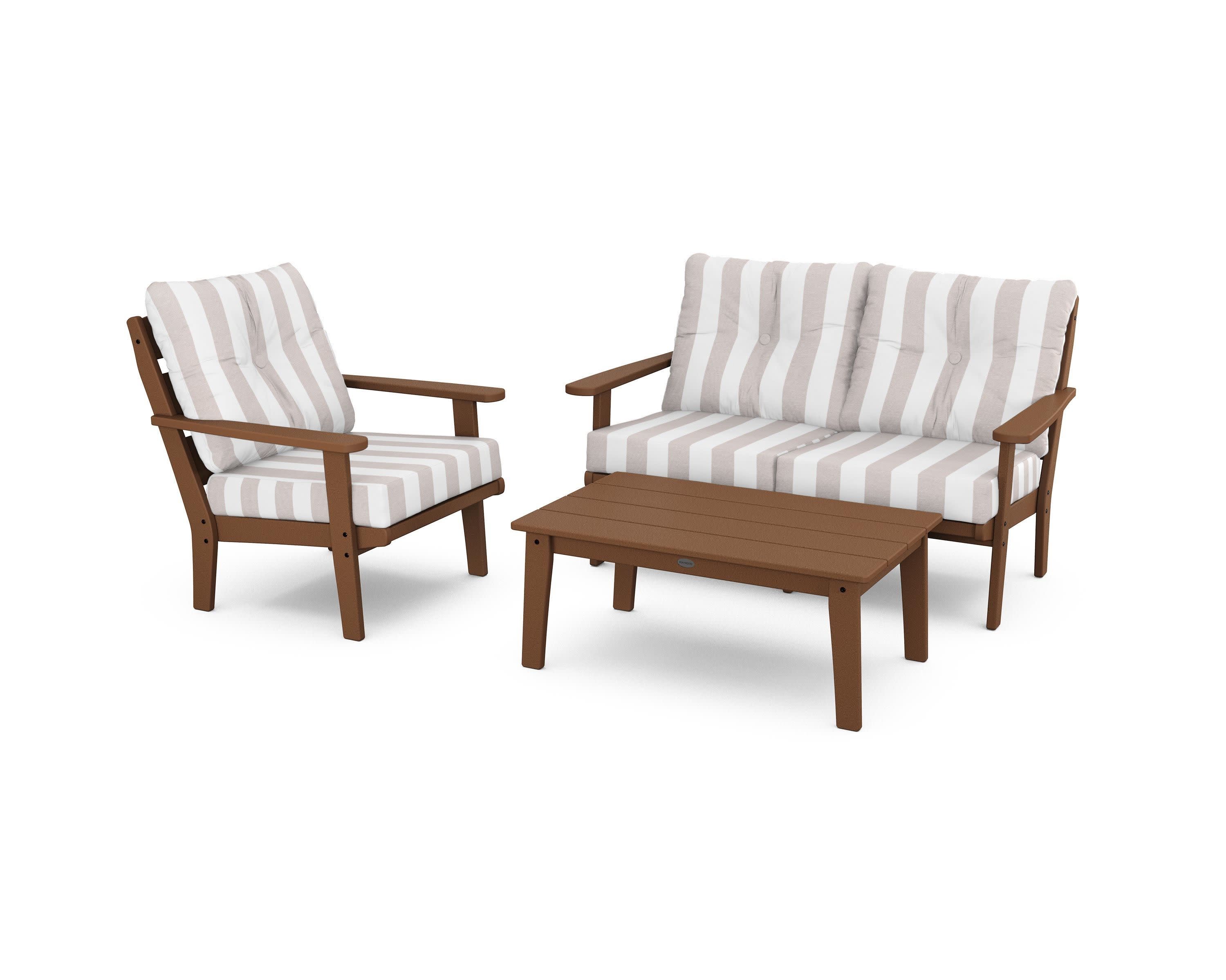 Lakeside 3-Piece Deep Seating Set in Teak / Cabana Stripe Dune Burlap