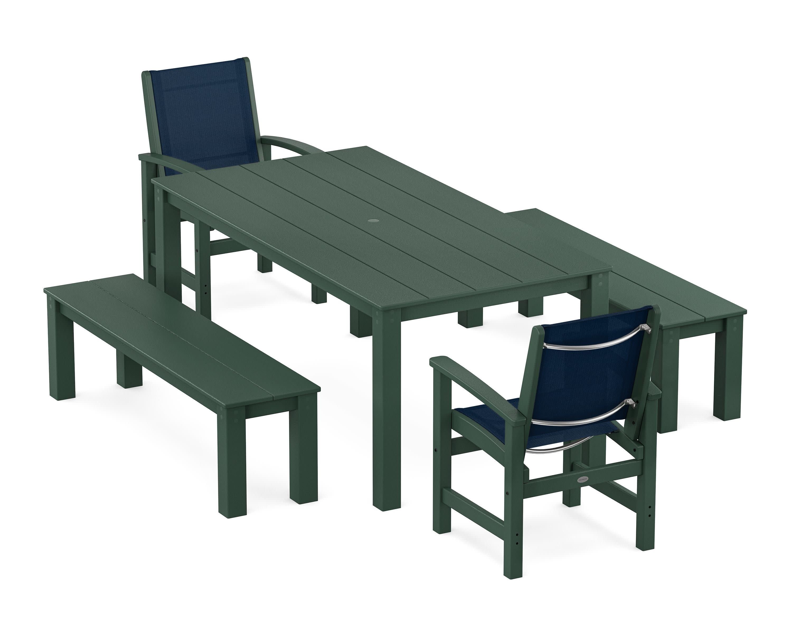 Coastal 5-Piece Parsons Dining Set with Benches in Green / Navy Blue Sling