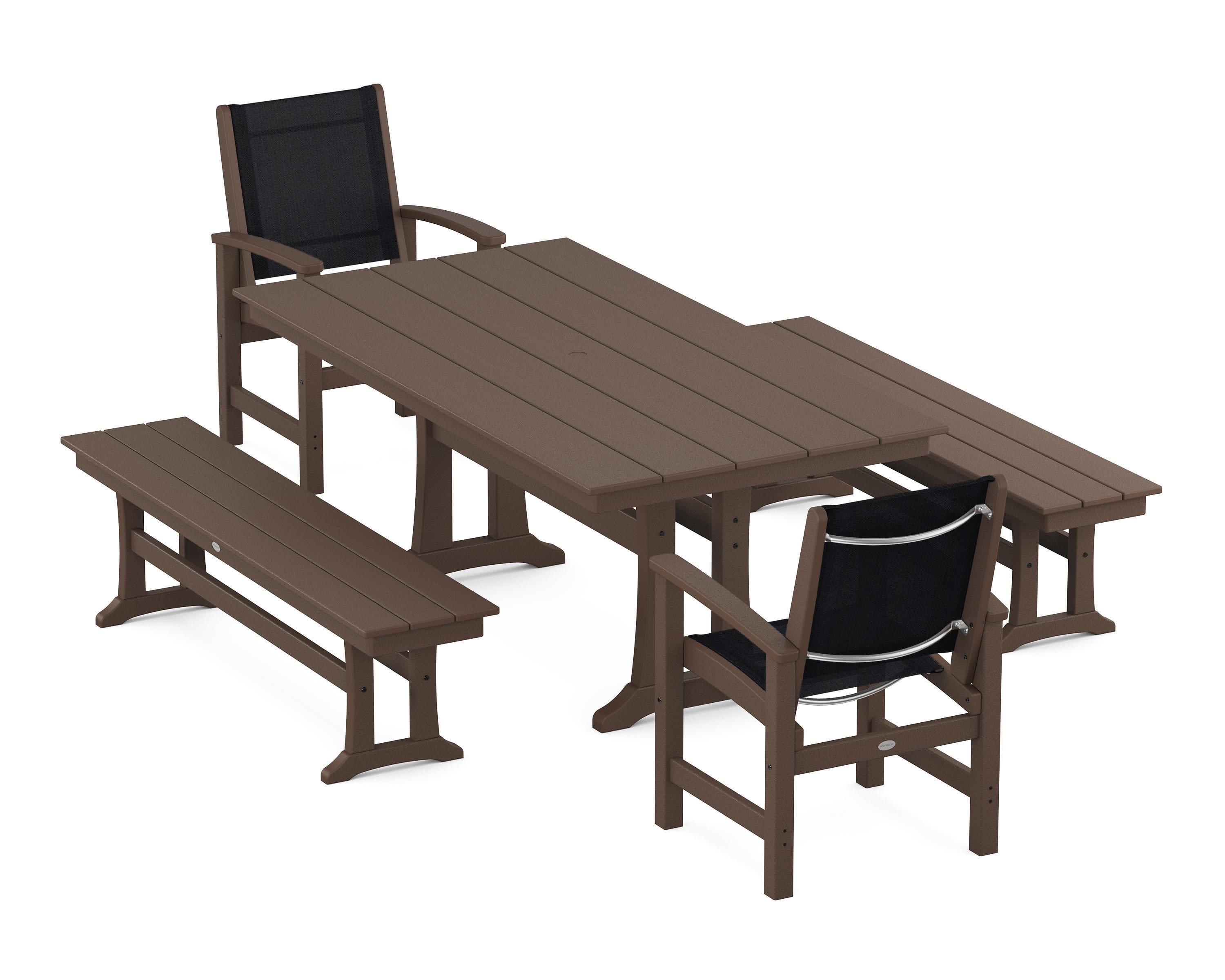 Coastal 5-Piece Farmhouse Dining Set with Trestle Legs and Benches in Mahogany / Black Sling