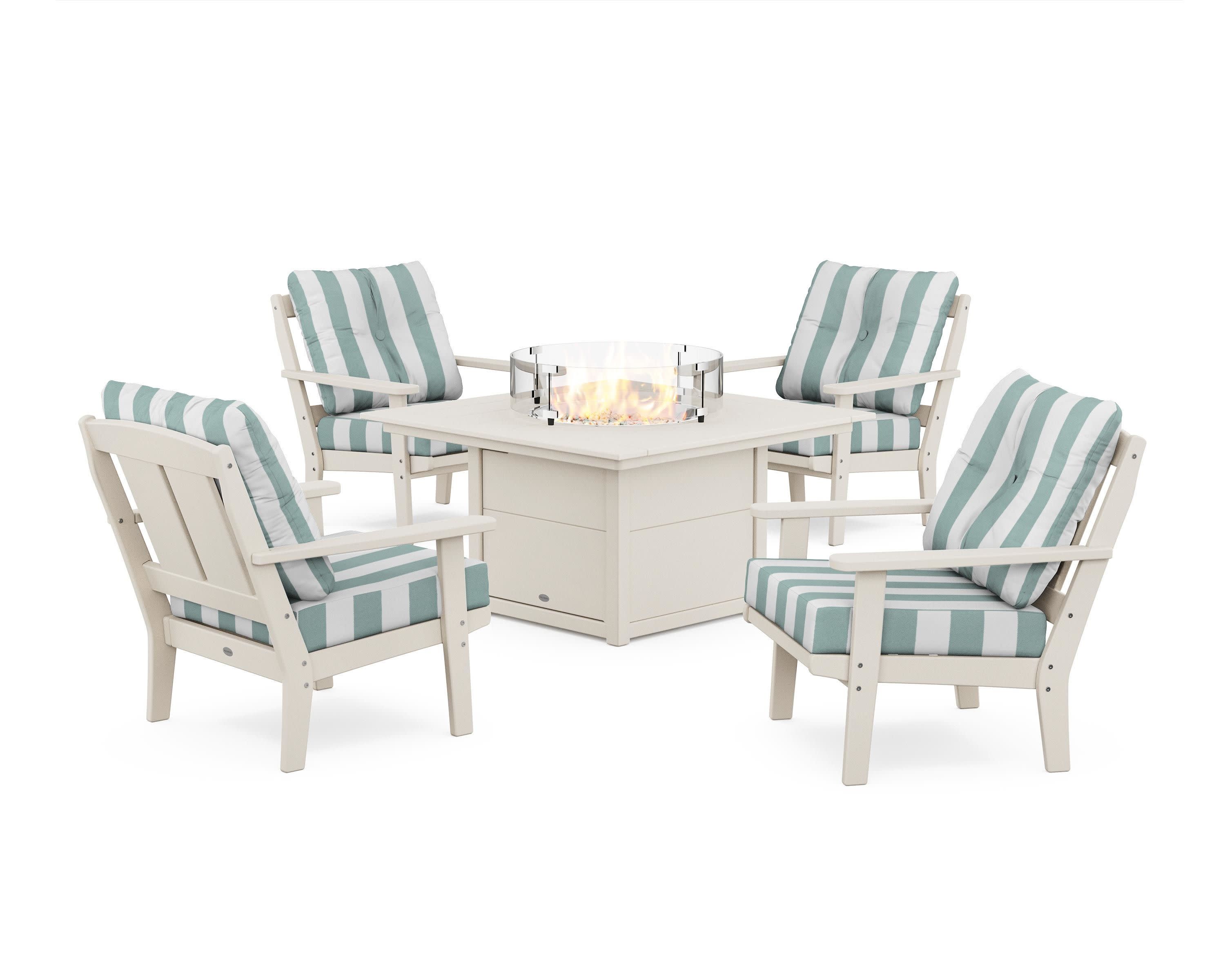 Mission 5-Piece Deep Seating Set with Fire Pit Table in Sand / Cabana Stripe Glacier Spa