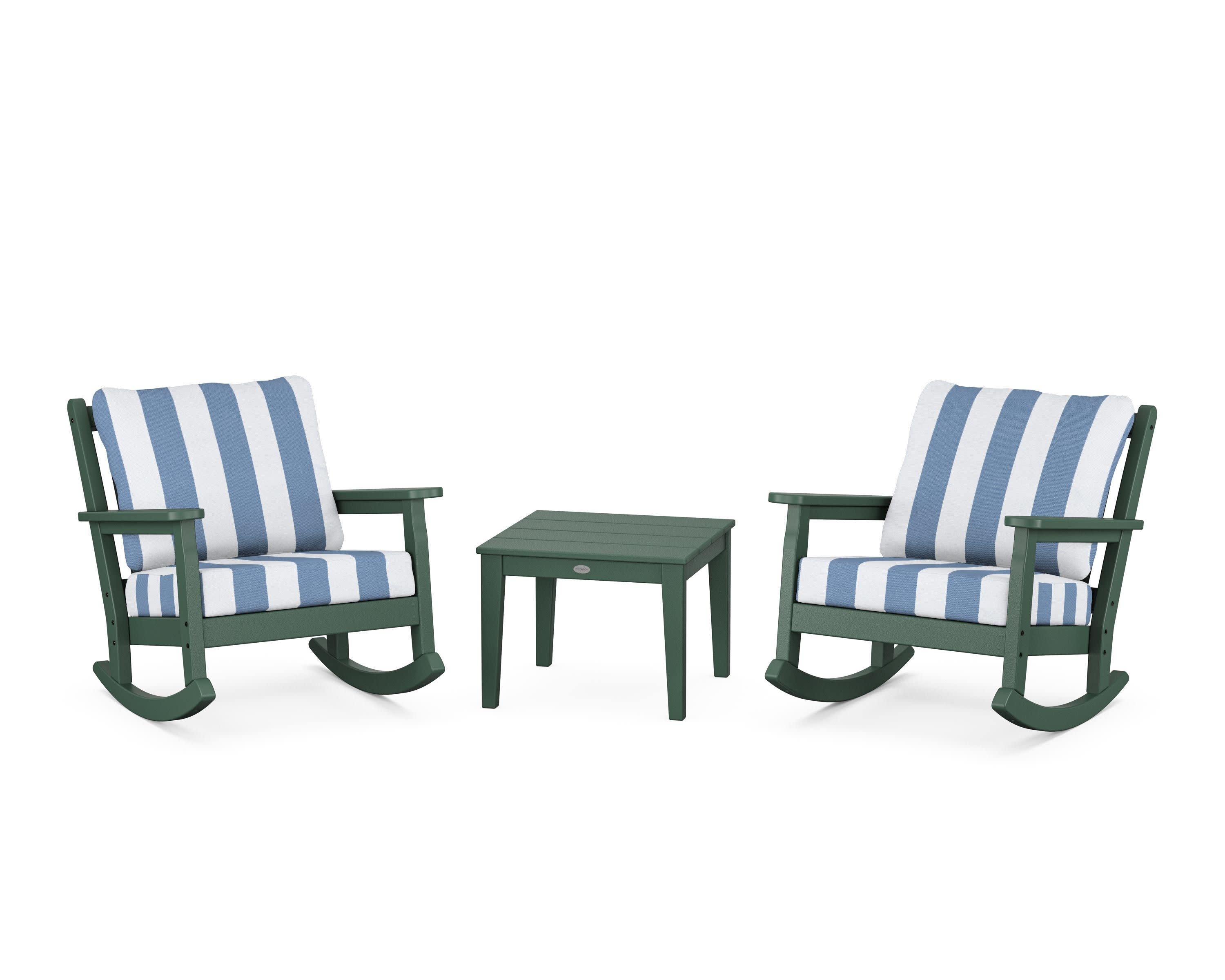 Chippendale 3-Piece Deep Seating Rocker Set in Green / Cabana Stripe Sky Blue