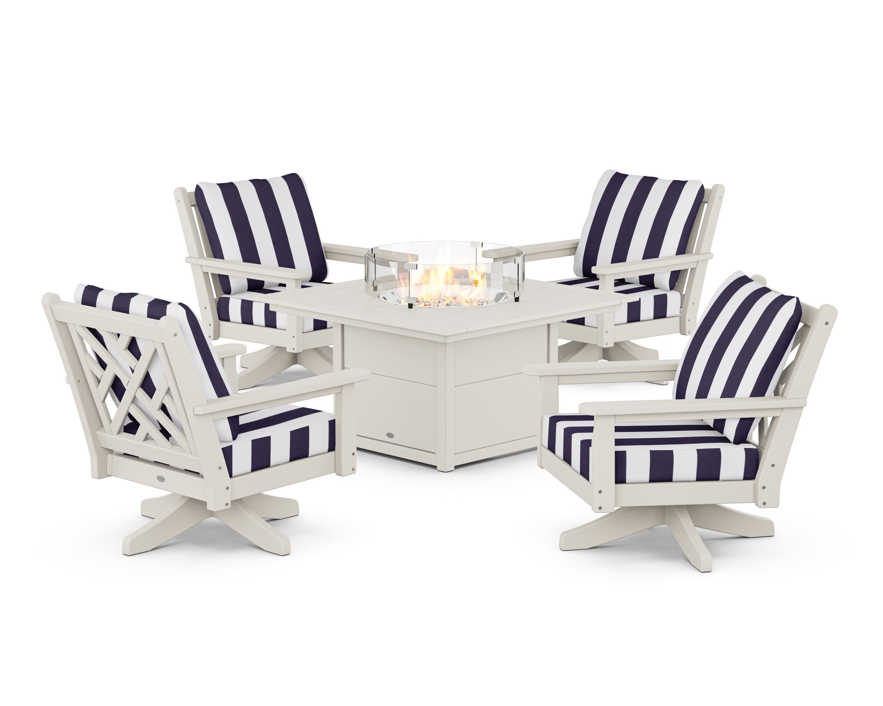 Chippendale 5-Piece Deep Seating Swivel Conversation Set with Fire Pit Table in Sand / Cabana Stripe Navy