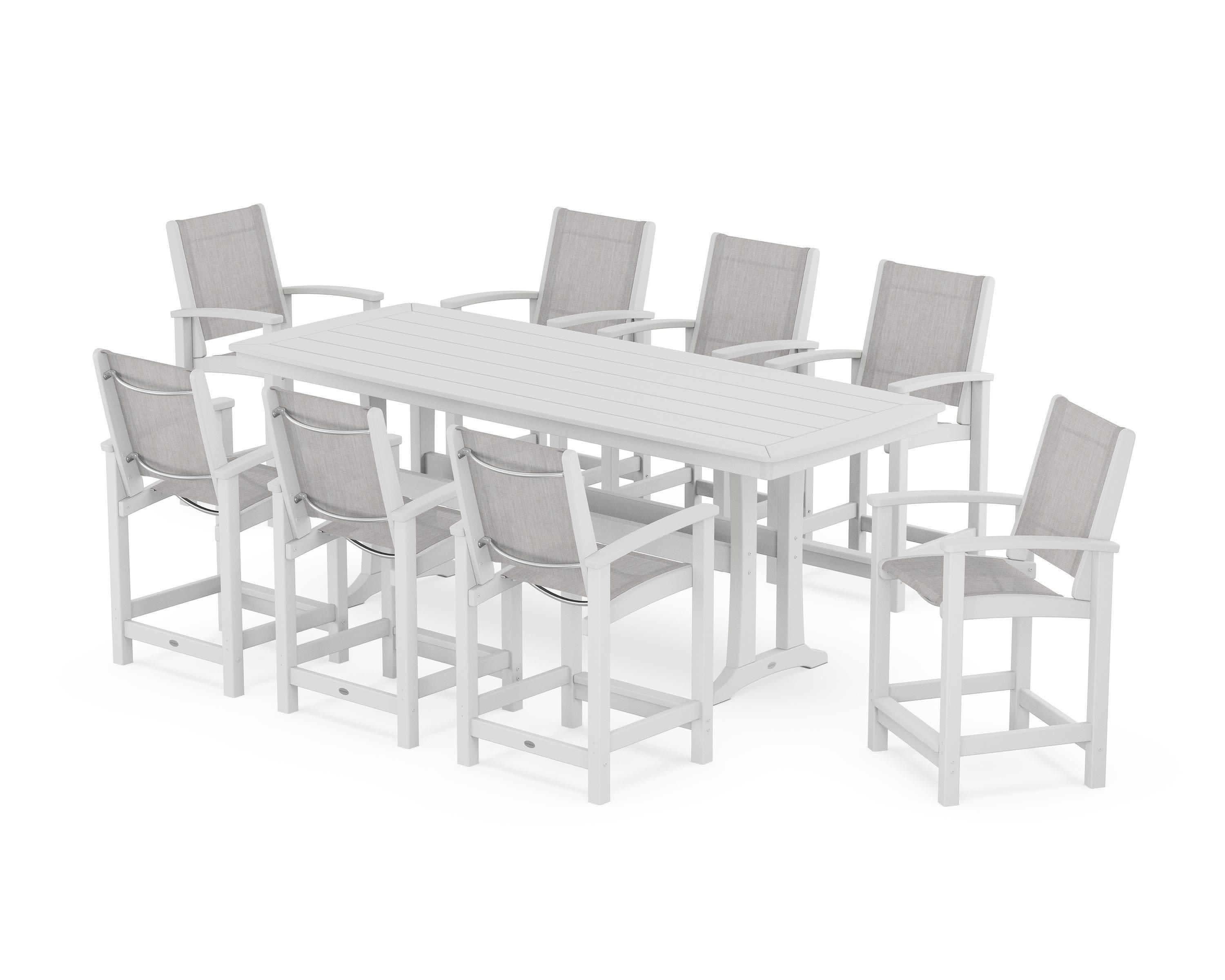 Coastal 9-Piece Counter Set with Trestle Legs in White / Parchment Sling