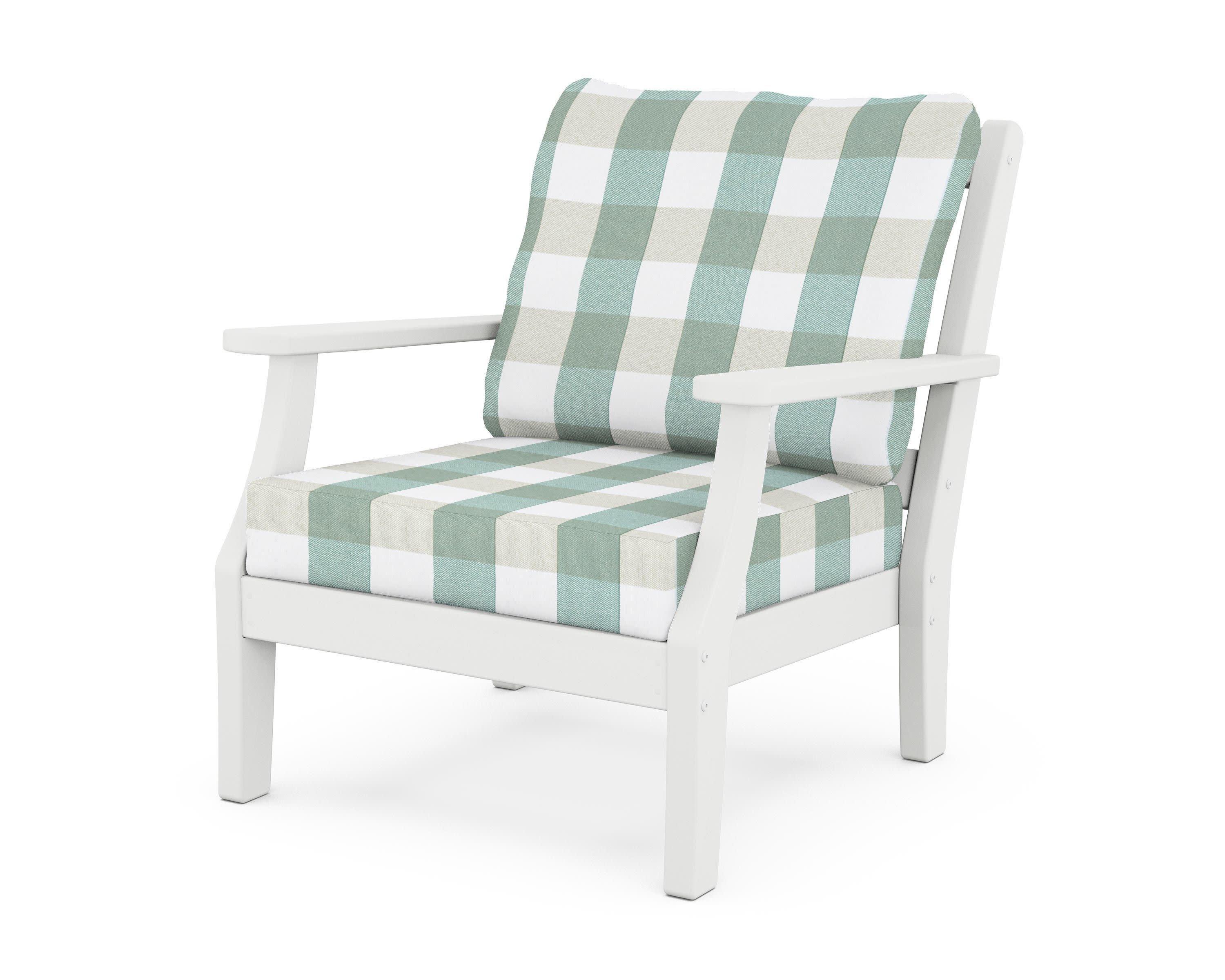 Chinoiserie Deep Seating Chair in White / Buffalo Plaid Glacier Spa