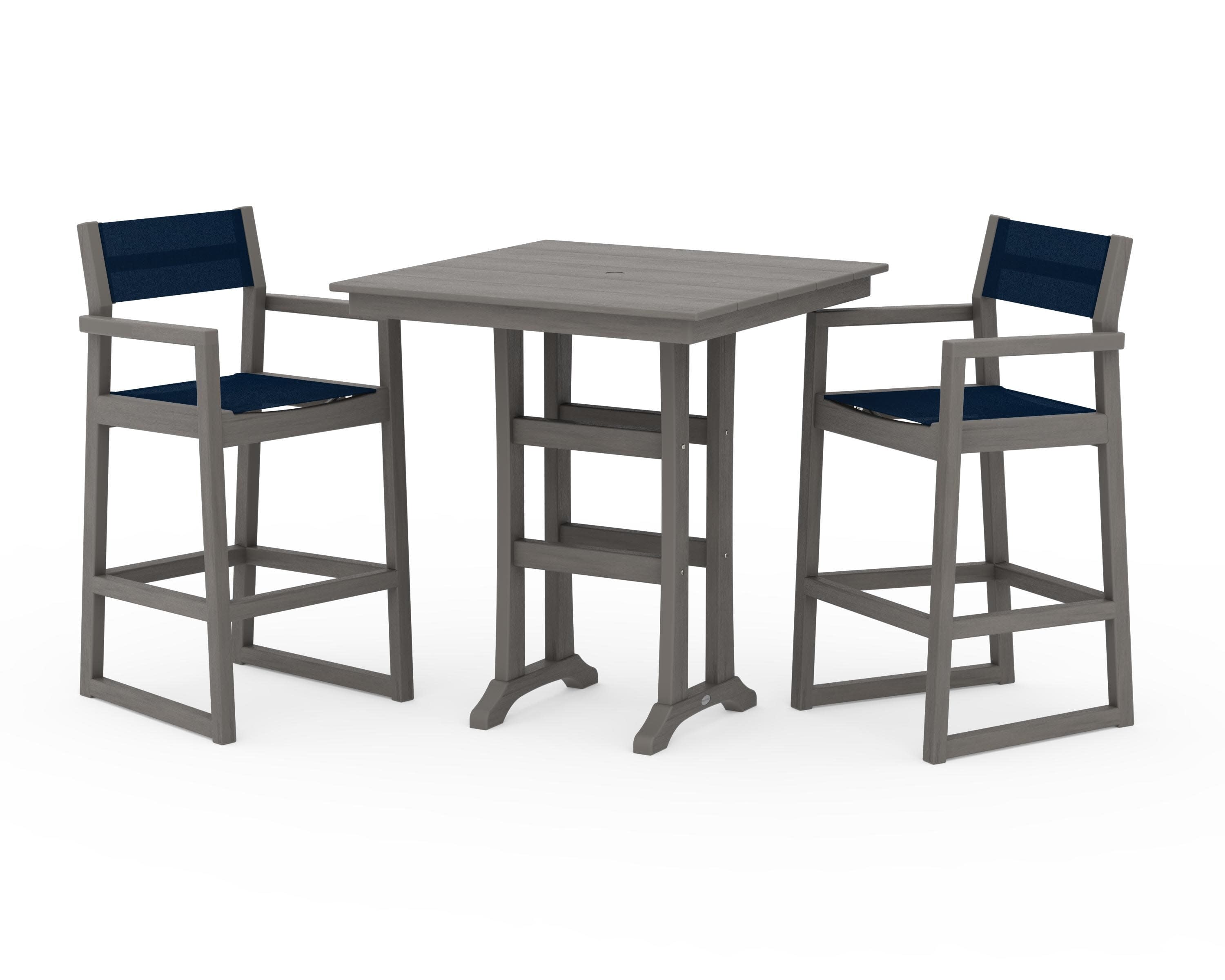 EDGE Sling Arm Chair 3-Piece Farmhouse Bar Set with Trestle Legs in Driftwood / Navy Blue Sling