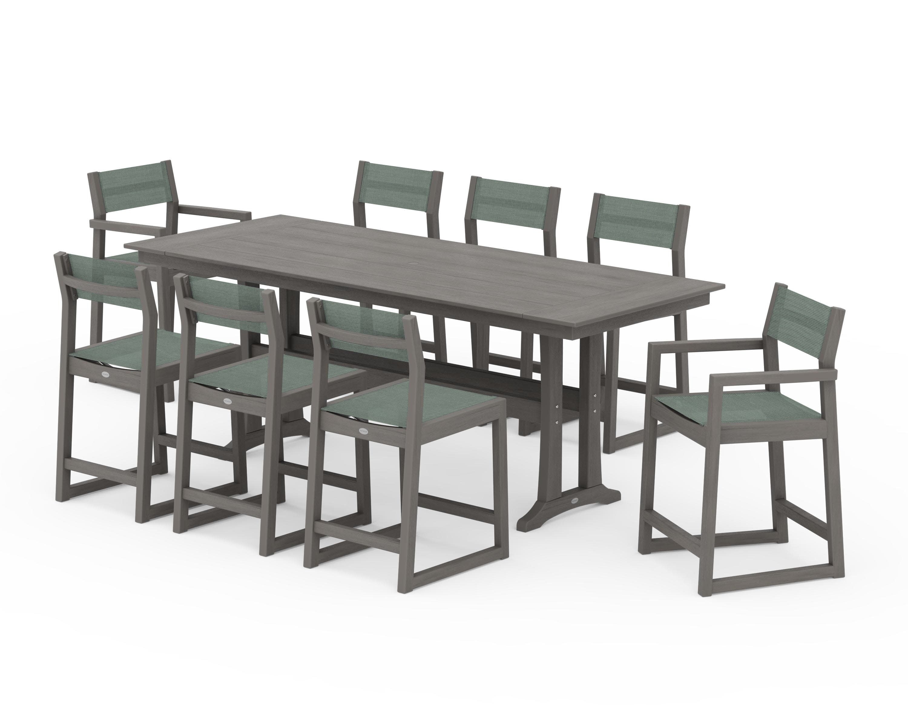 EDGE Sling 9-Piece Farmhouse Counter Set with Trestle Legs in Driftwood / Dupioni Sea Mist Sling