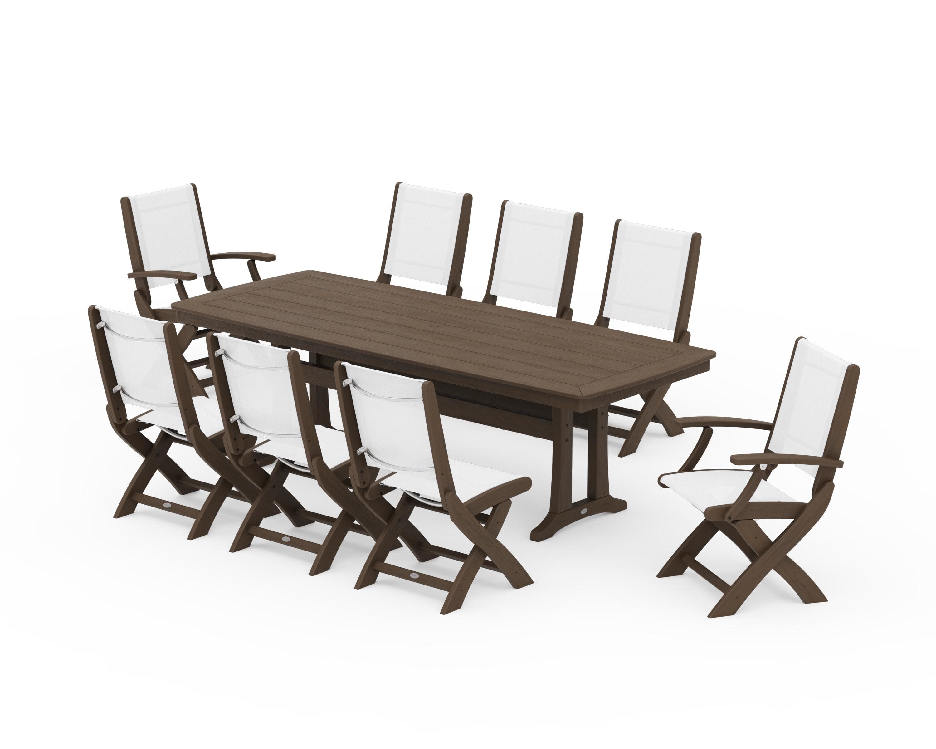 Coastal Folding 9-Piece Dining Set with Trestle Legs in Kona / White Sling