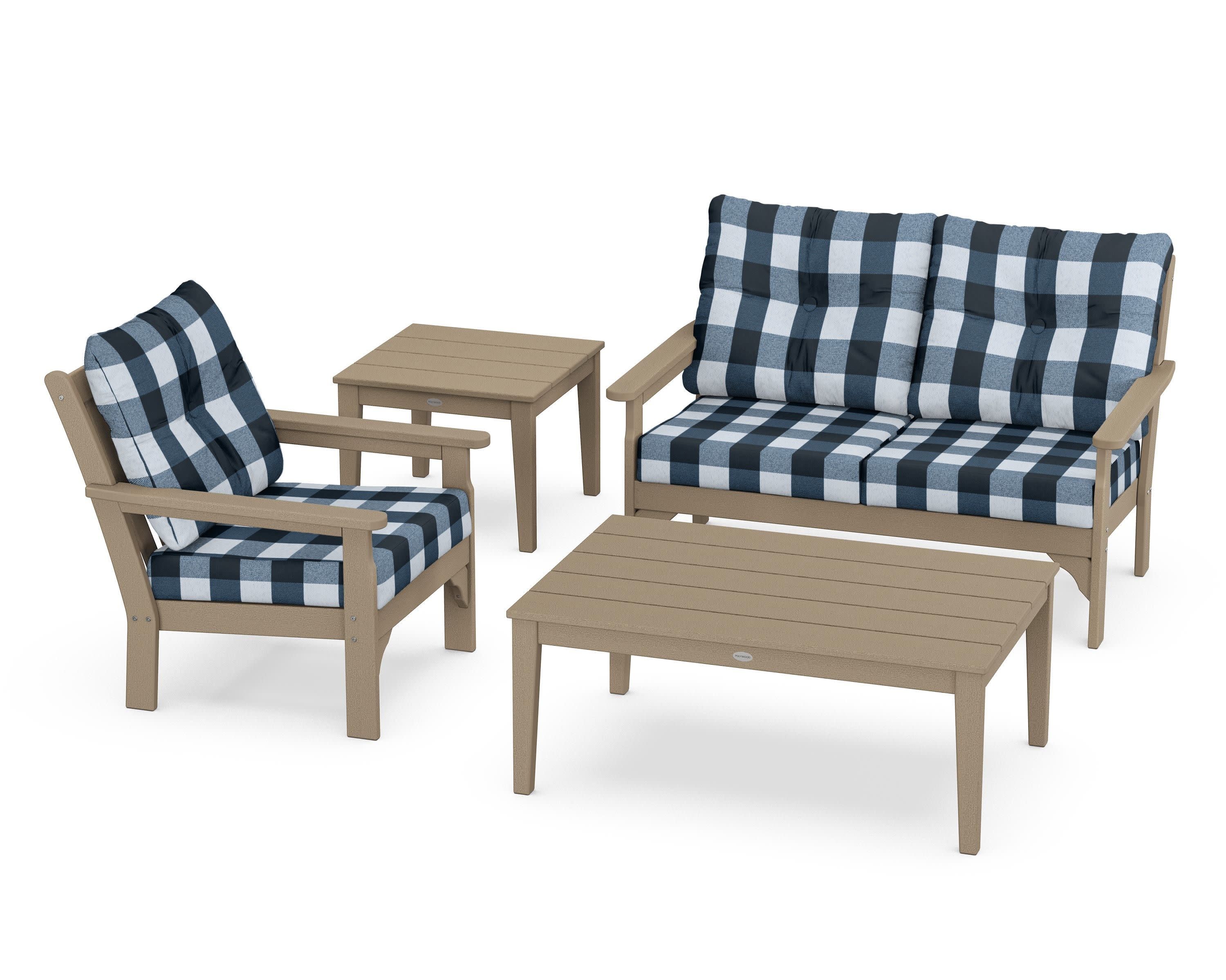 Vineyard 4-Piece Deep Seating Set in Vintage Sahara / Buffalo Plaid Marine Indigo