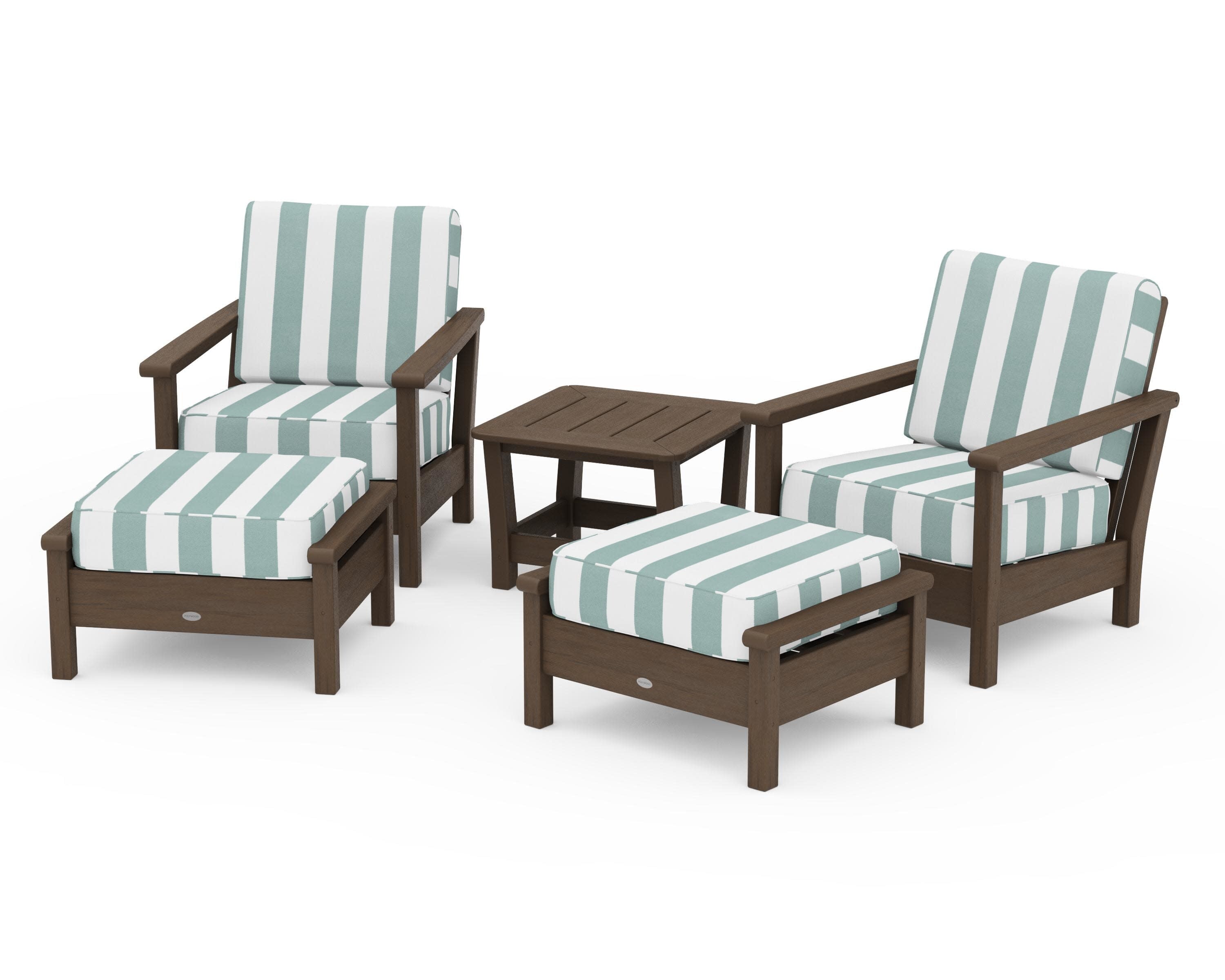 Harbour 5-Piece Deep Seating Chair Set in Kona / Cabana Stripe Glacier Spa