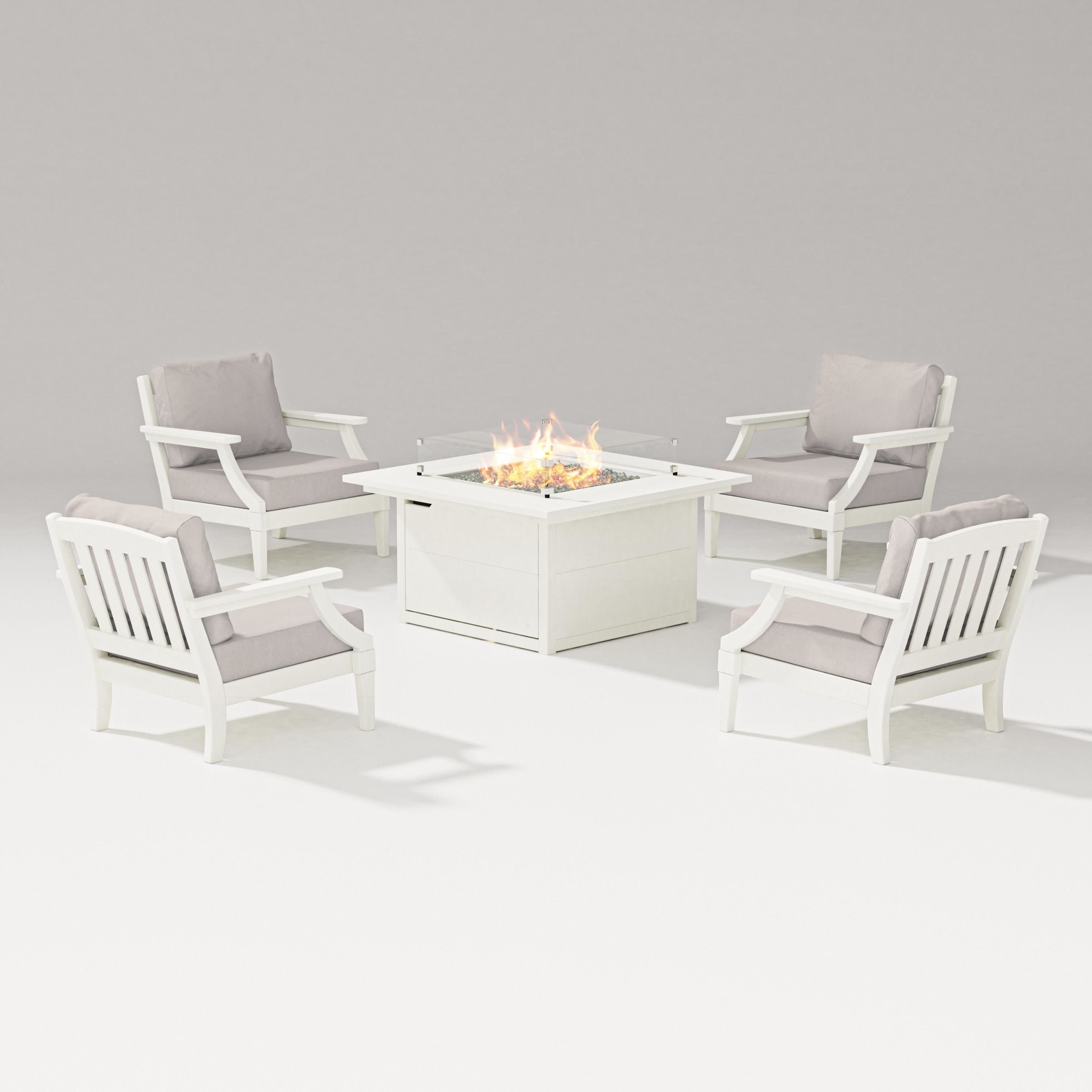 Estate 5-Piece Lounge Fire Table Set in Vintage White / Dune Burlap