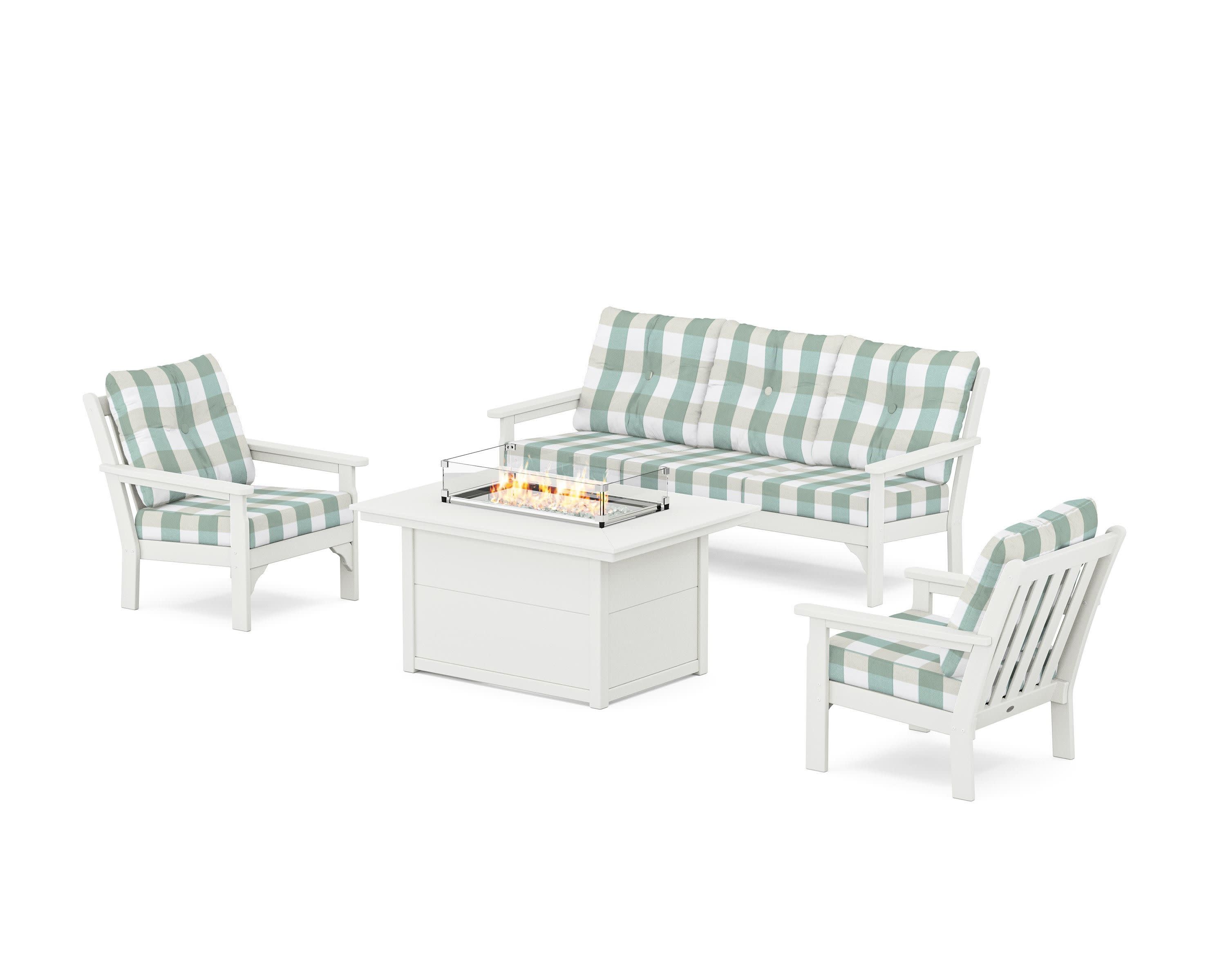 Vineyard Deep Seating Fire Pit Table Set in Vintage White / Buffalo Plaid Glacier Spa