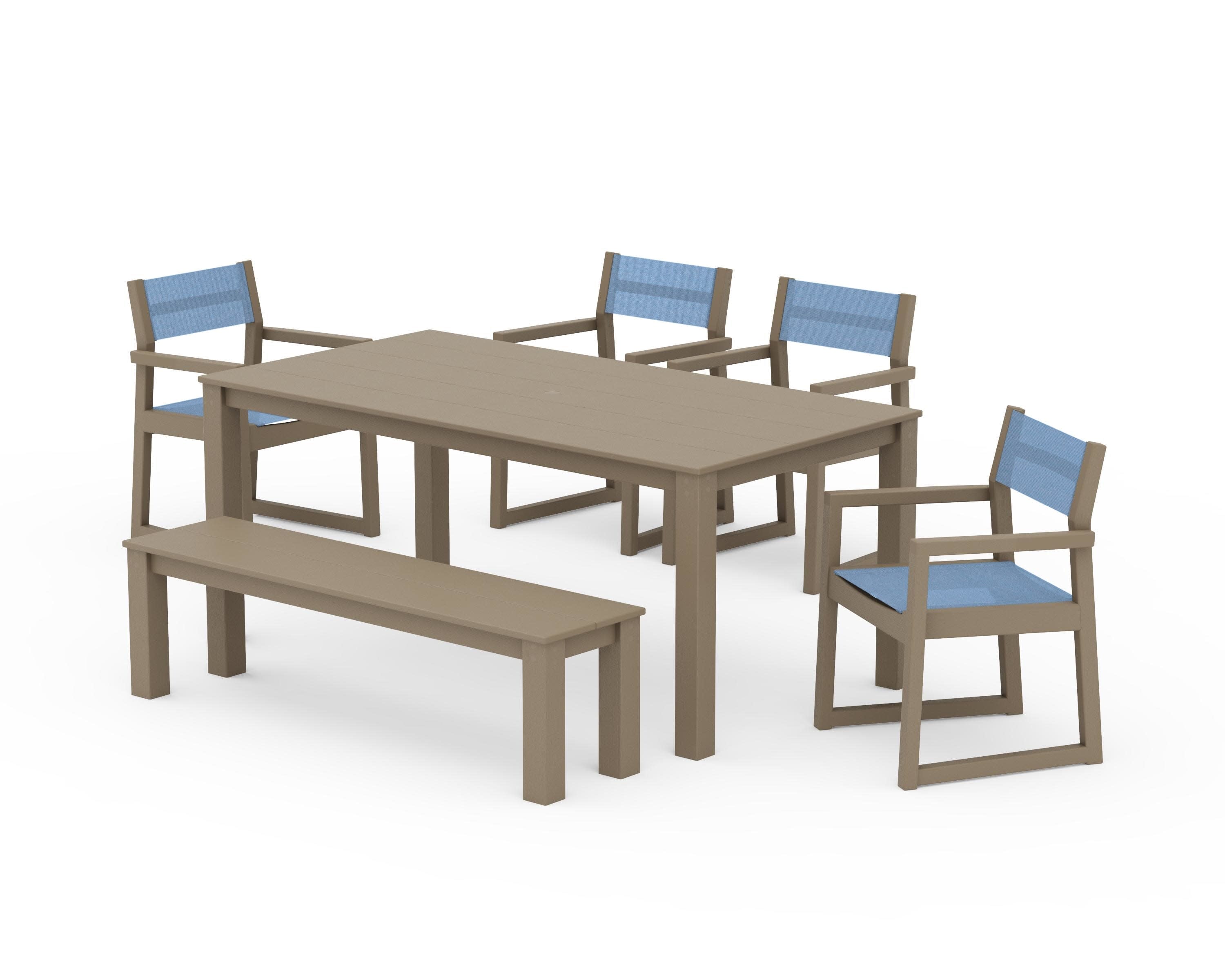 EDGE Sling Arm Chair 6-Piece Parsons Dining Set with Bench in Vintage Sahara / Poolside Sling