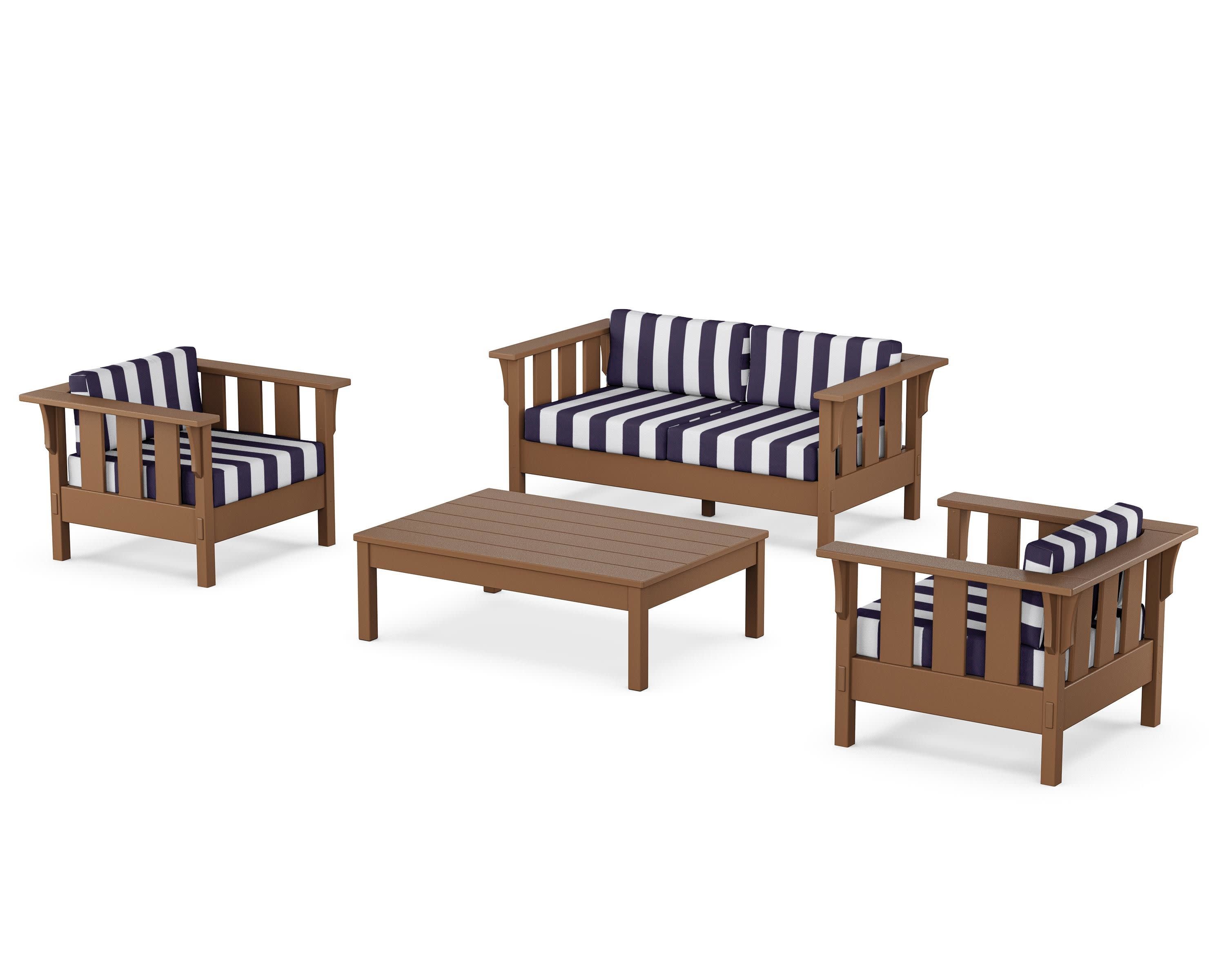 Acadia 4-Piece Deep Seating Set with Loveseat in Teak / Cabana Stripe Navy