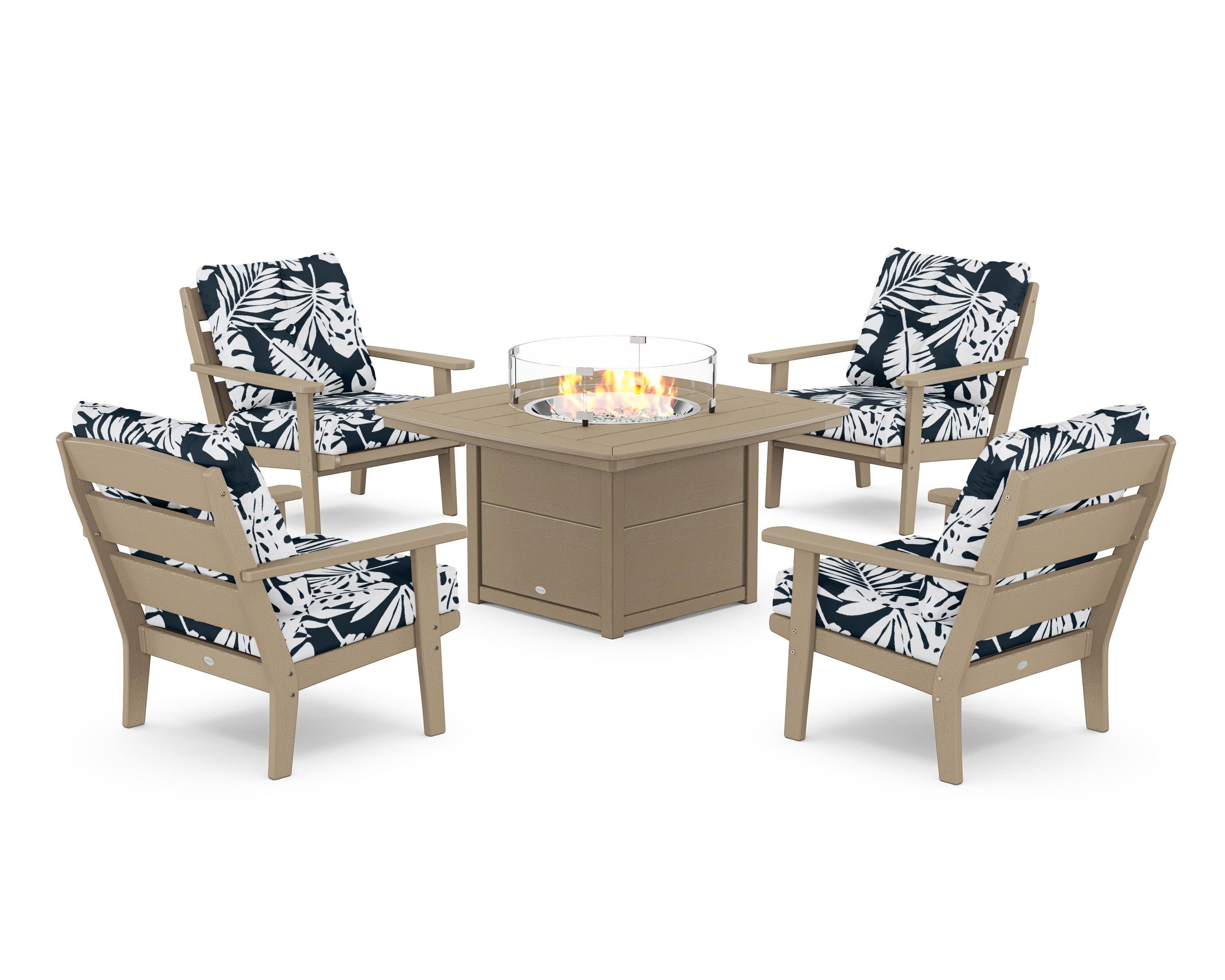 Lakeside 5-Piece Deep Seating Set with Nautical Fire Pit Table in Vintage Sahara / Leaf Marine Indigo