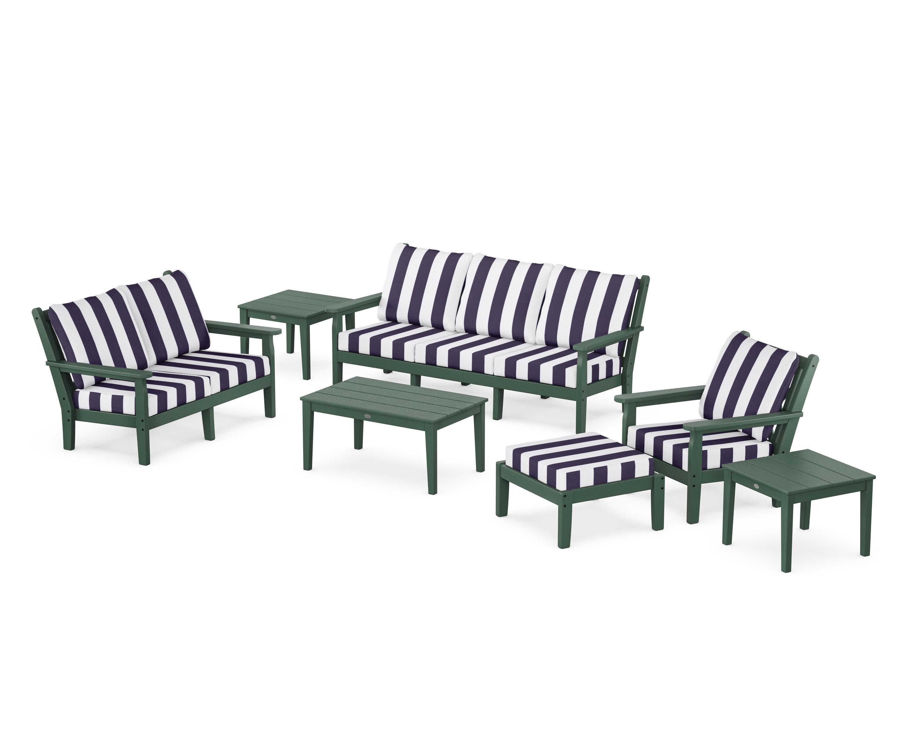 Chippendale 7-Piece Deep Seating Set in Green / Cabana Stripe Navy