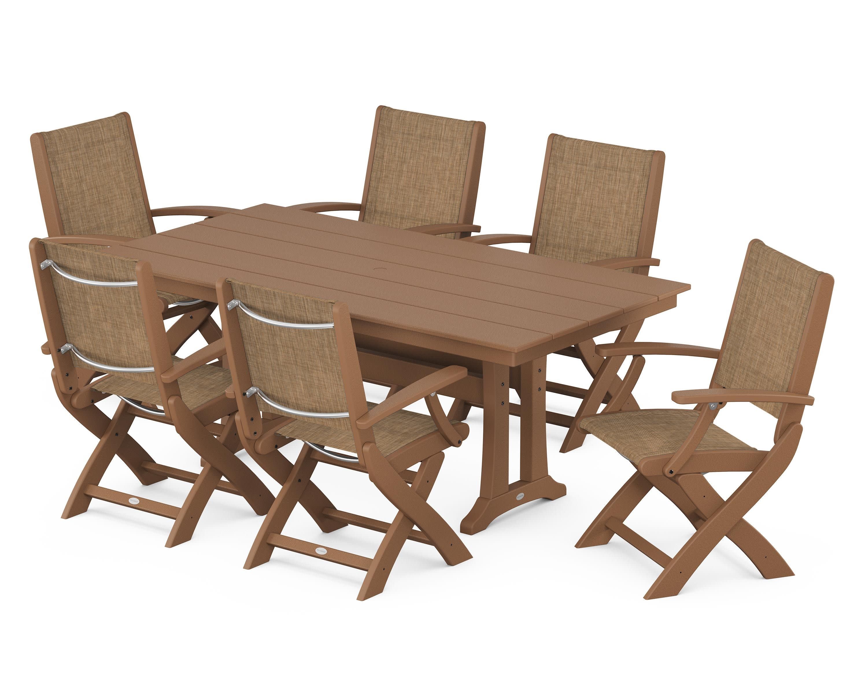 Coastal Folding Arm Chair 7-Piece Farmhouse Dining Set with Trestle Legs in Teak / Burlap Sling