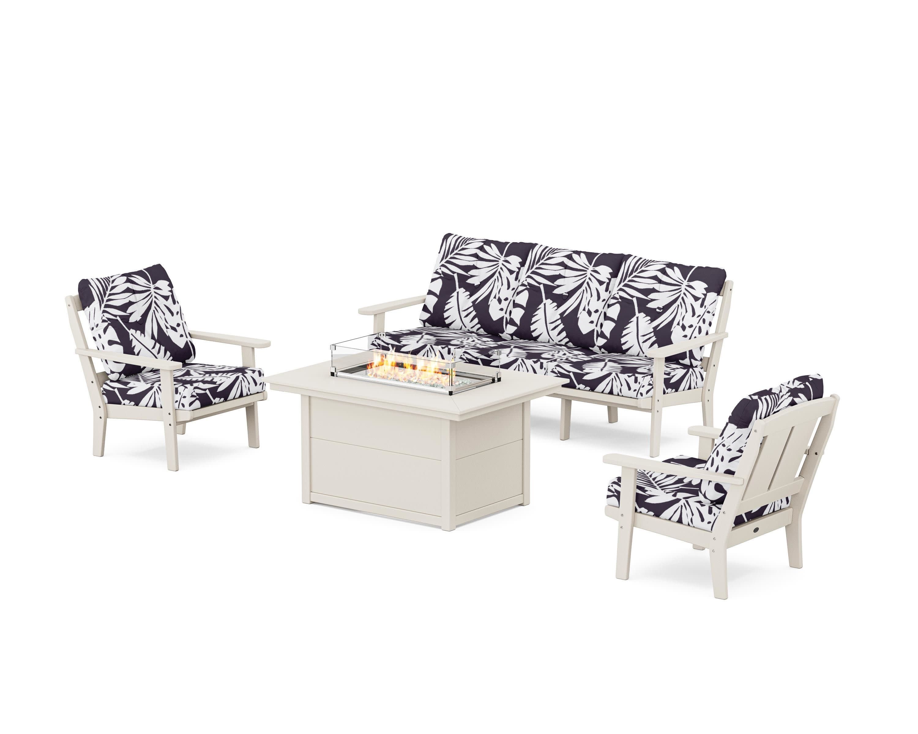 Mission Deep Seating Fire Pit Table Set in Sand / Leaf Navy