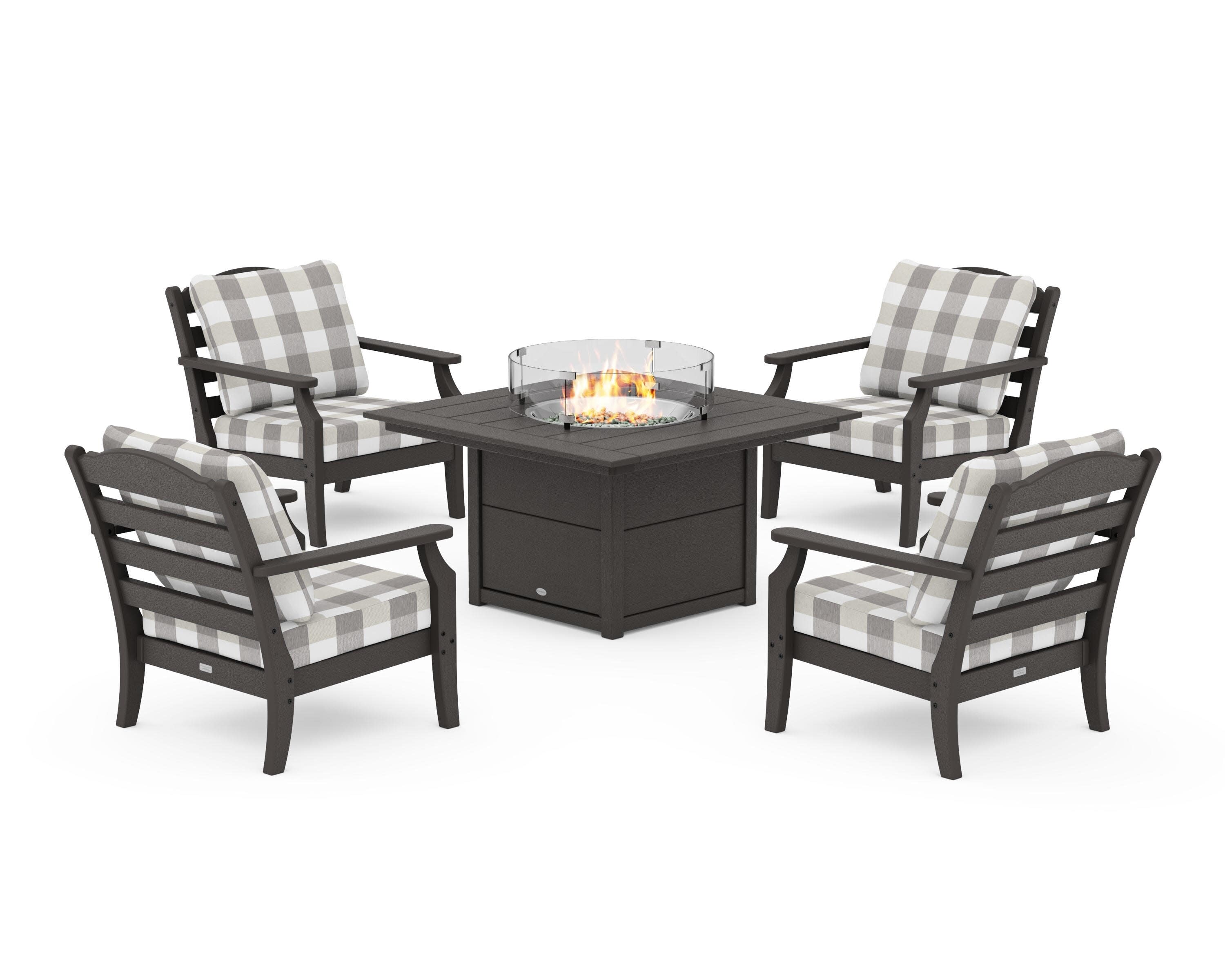 Savannah 5-Piece Deep Seating Set with Fire Pit Table in Vintage Coffee / Buffalo Plaid Grey Mist