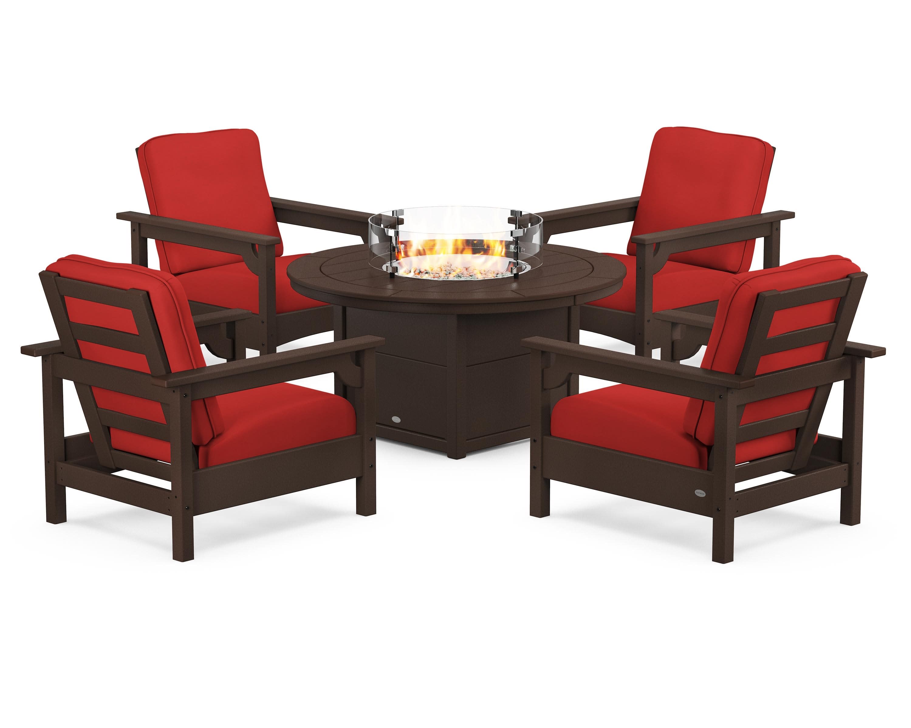 Club 5-Piece Conversation Set with Fire Pit Table in Mahogany / Crimson Linen