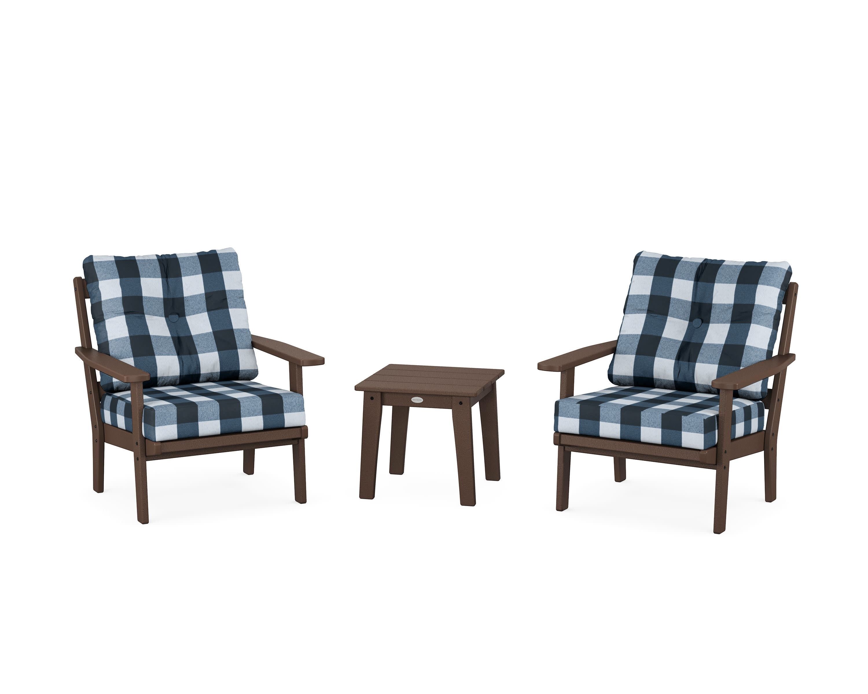 Oxford 3-Piece Deep Seating Set in Mahogany / Buffalo Plaid Marine Indigo
