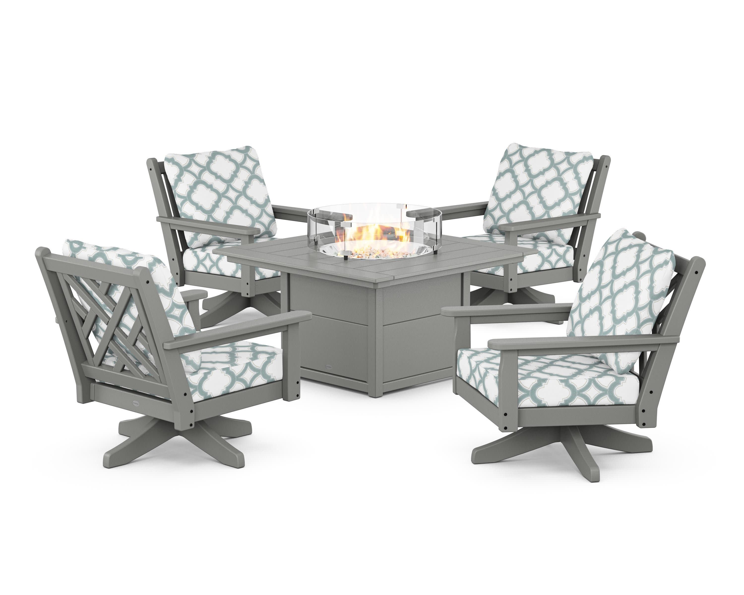 Chippendale 5-Piece Deep Seating Swivel Conversation Set with Fire Pit Table in Slate Grey / Trellis Glacier Spa
