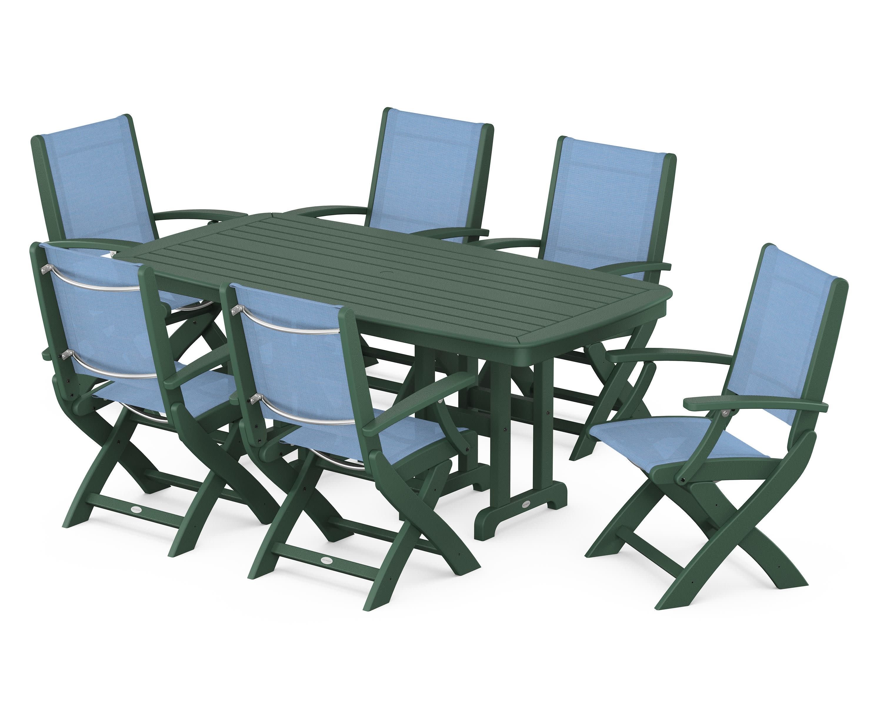 Coastal Folding Arm Chair 7-Piece Dining Set in Green / Poolside Sling