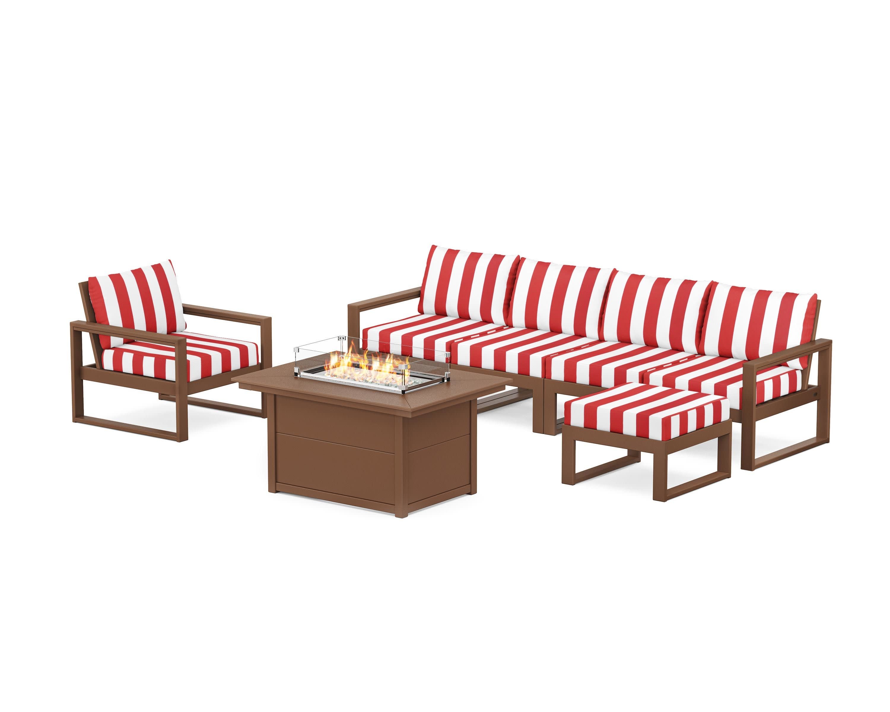 EDGE Sectional Lounge and Fire Pit Set in Teak / Cabana Stripe Crimson