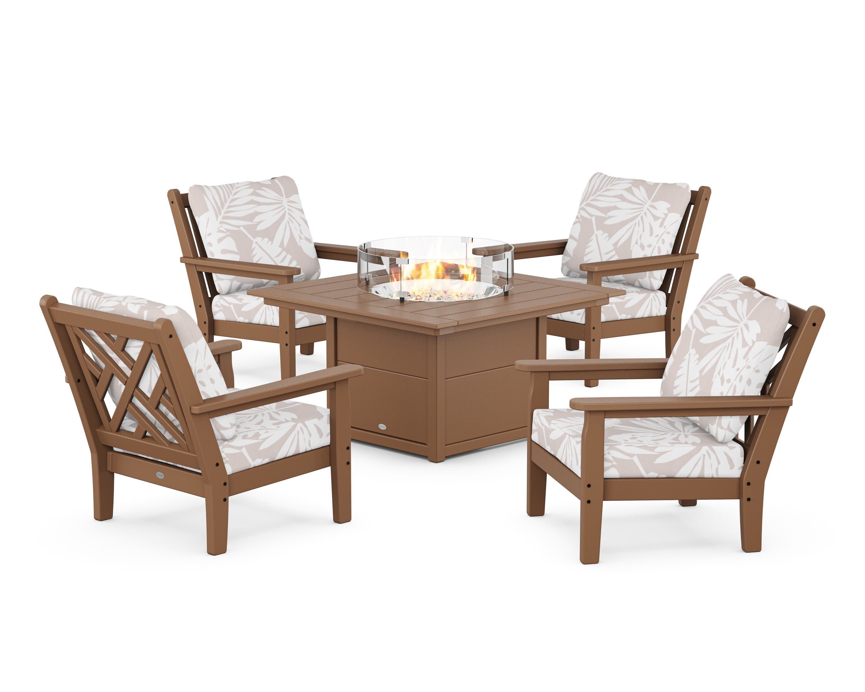 Chippendale 5-Piece Deep Seating Set with Fire Pit Table in Teak / Leaf Dune Burlap