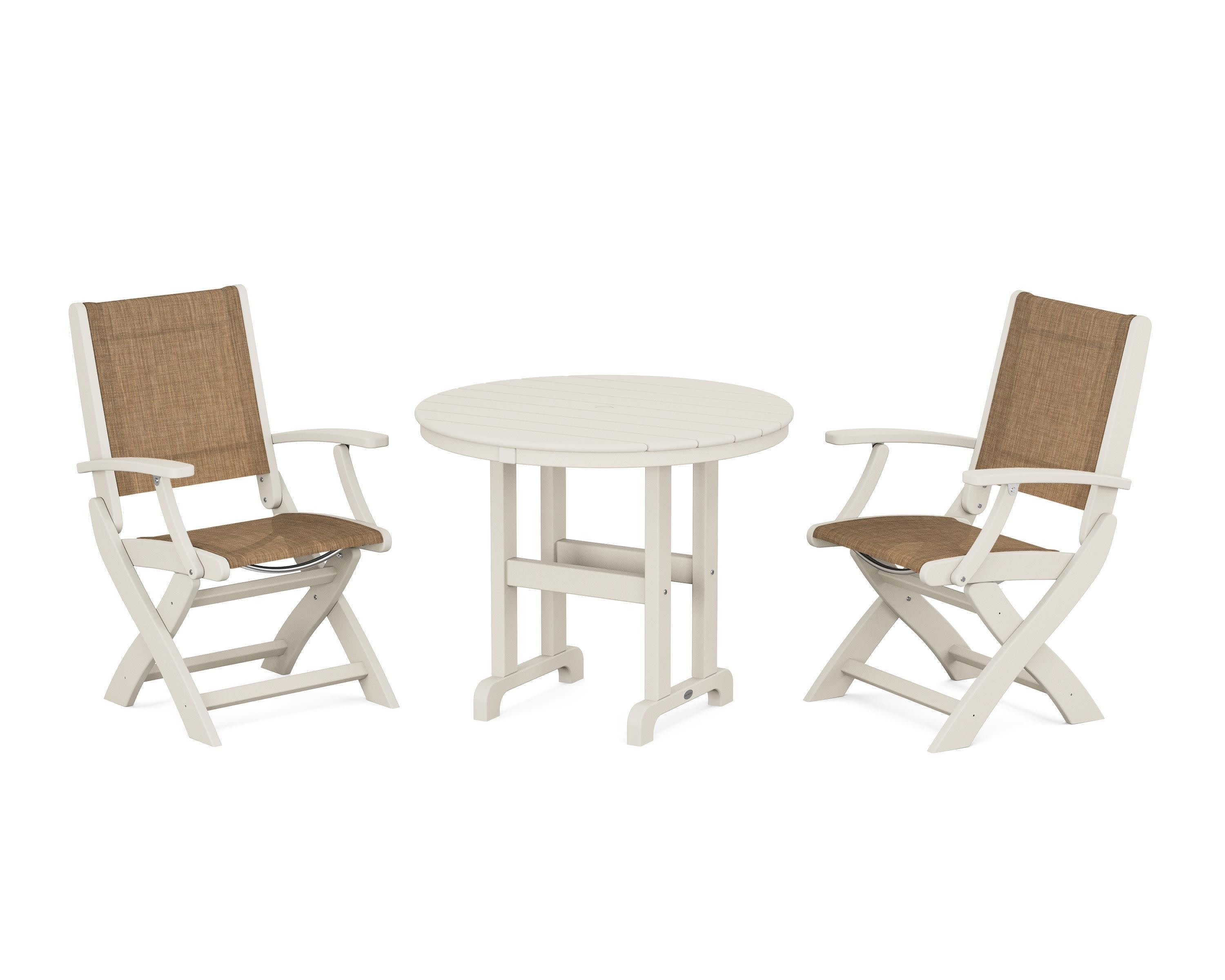 Coastal Folding Chair 3-Piece Round Dining Set in Sand / Burlap Sling