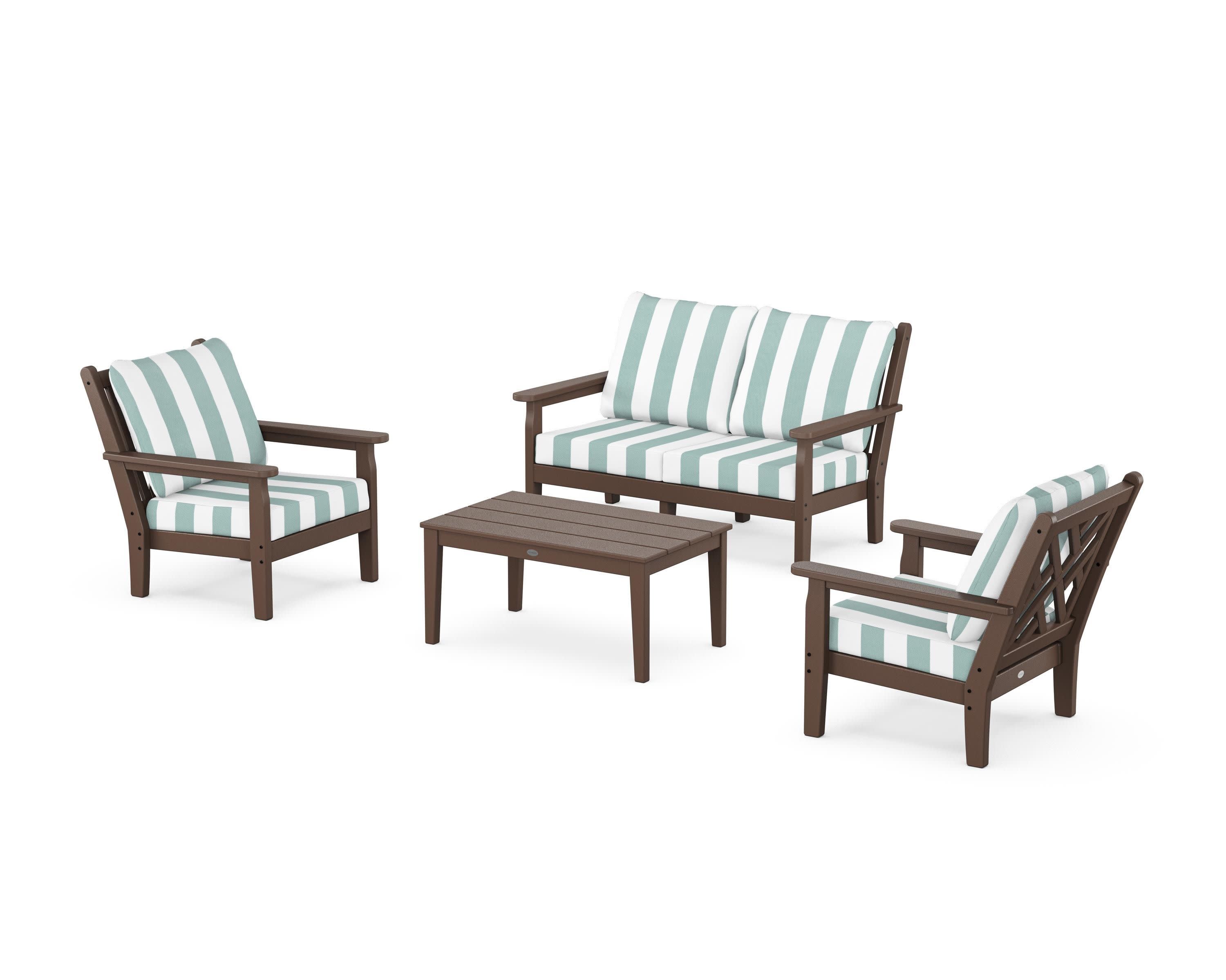 Chippendale 4-Piece Deep Seating Set with Loveseat in Mahogany / Cabana Stripe Glacier Spa