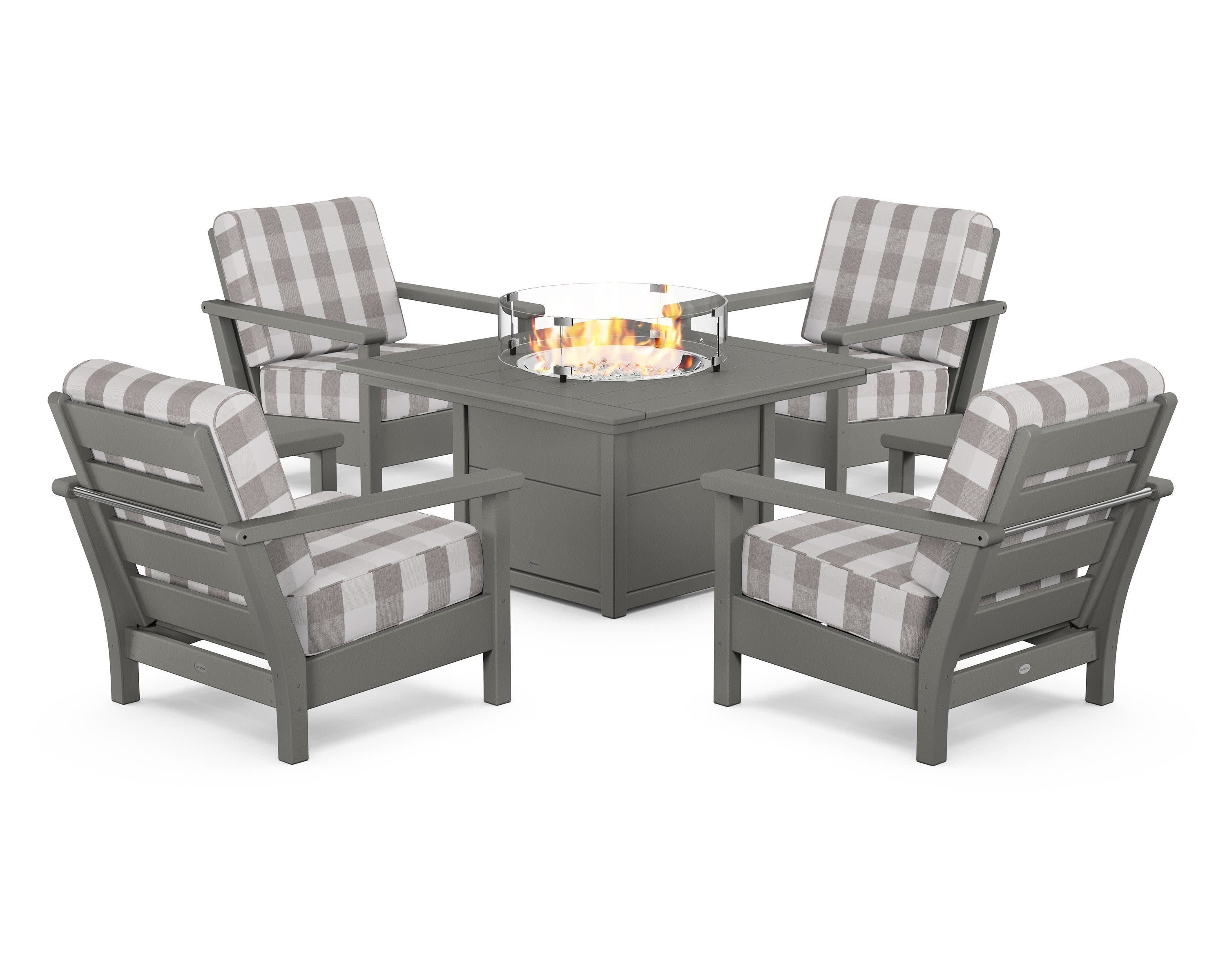 Harbour 5-Piece Conversation Set with Fire Pit Table in Slate Grey / Buffalo Plaid Grey Mist