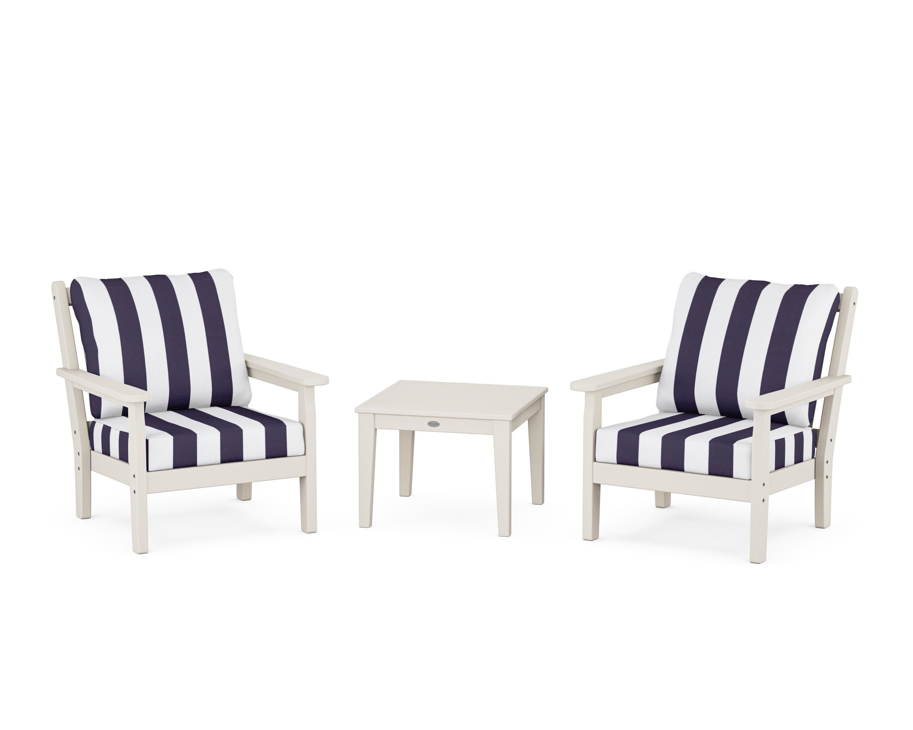 Chippendale 3-Piece Deep Seating Set in Sand / Cabana Stripe Navy