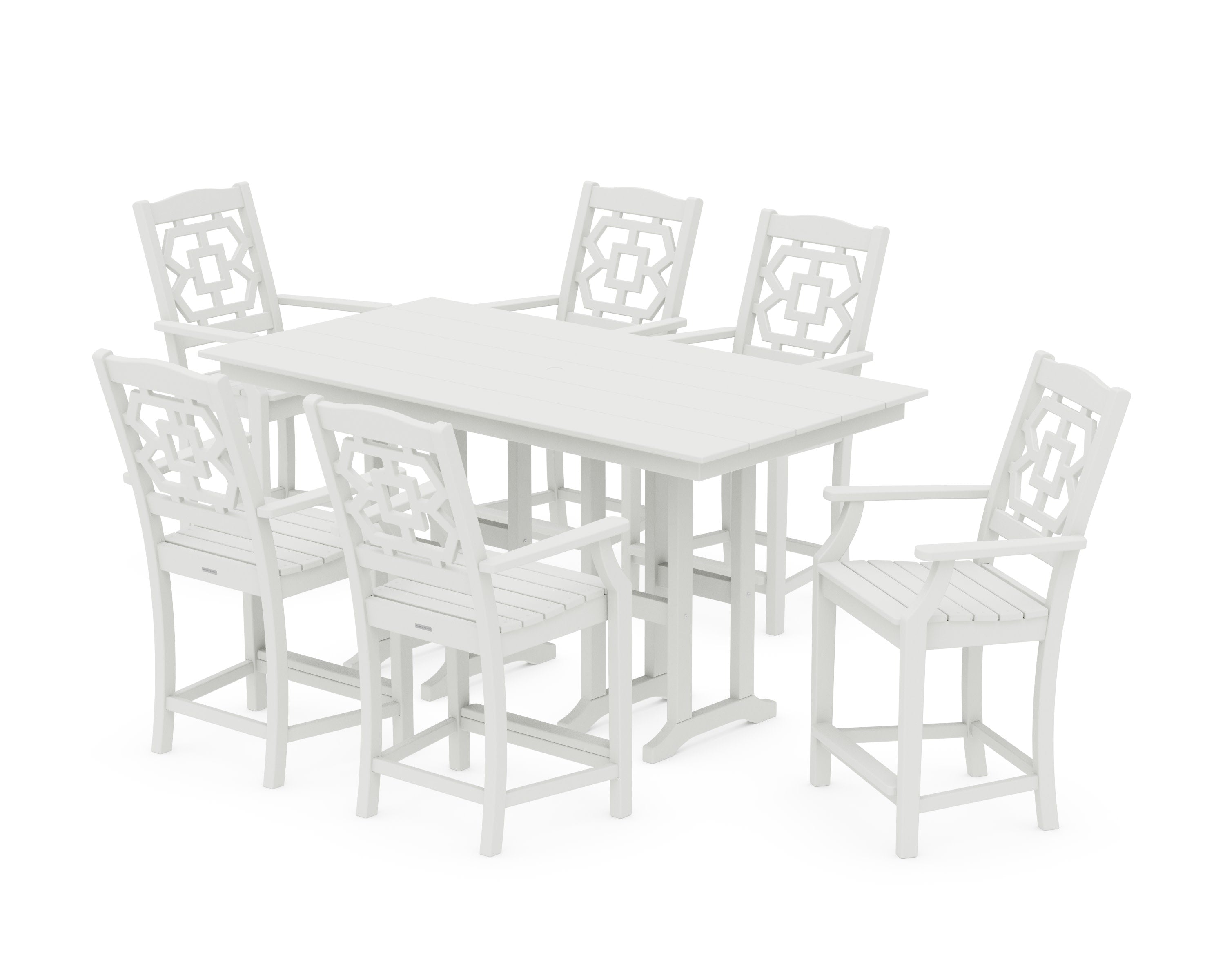 Chinoiserie Arm Chair 7-Piece Farmhouse Counter Set in Vintage White