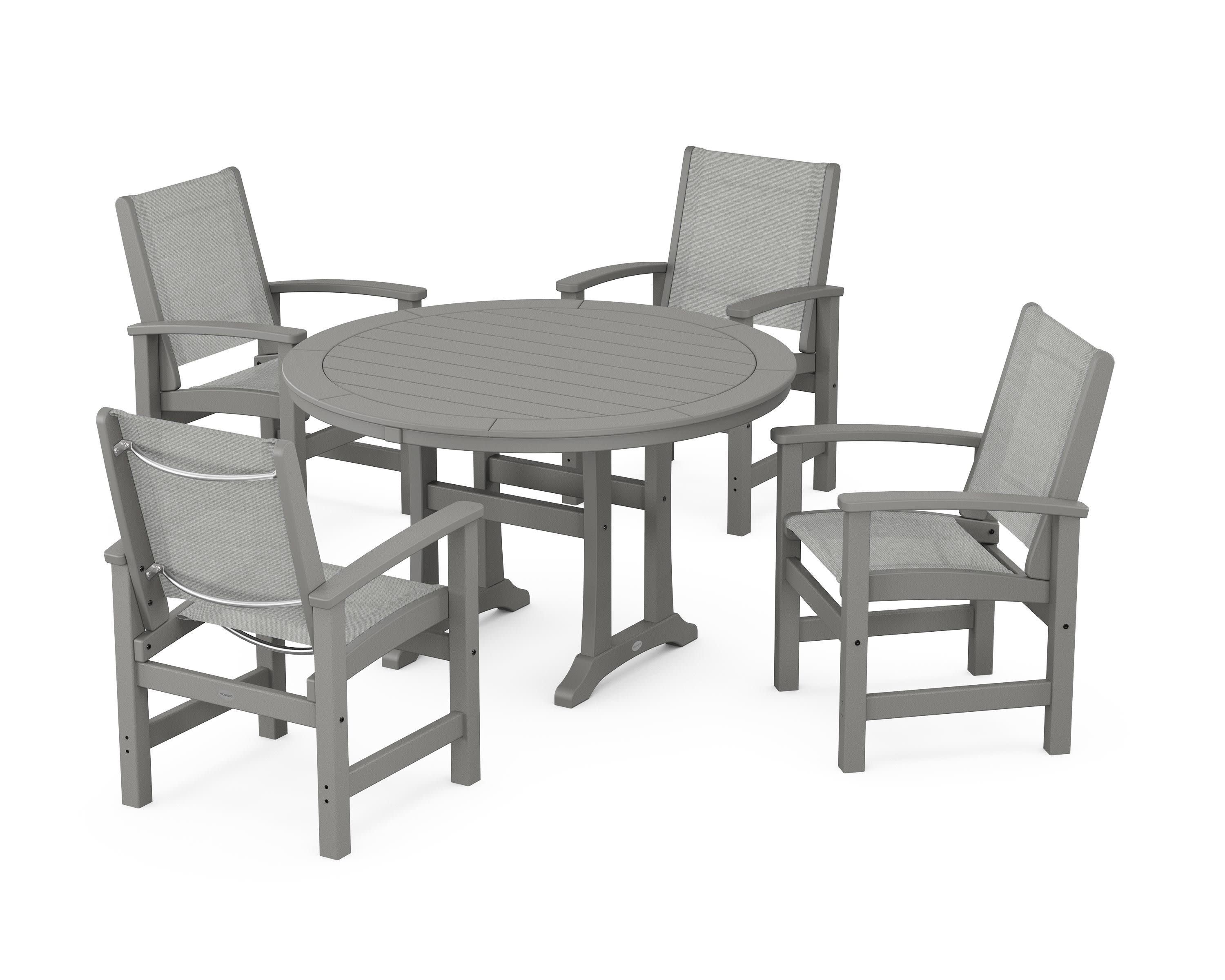 Coastal 5-Piece Round Dining Set with Trestle Legs in Slate Grey / Metallic Sling