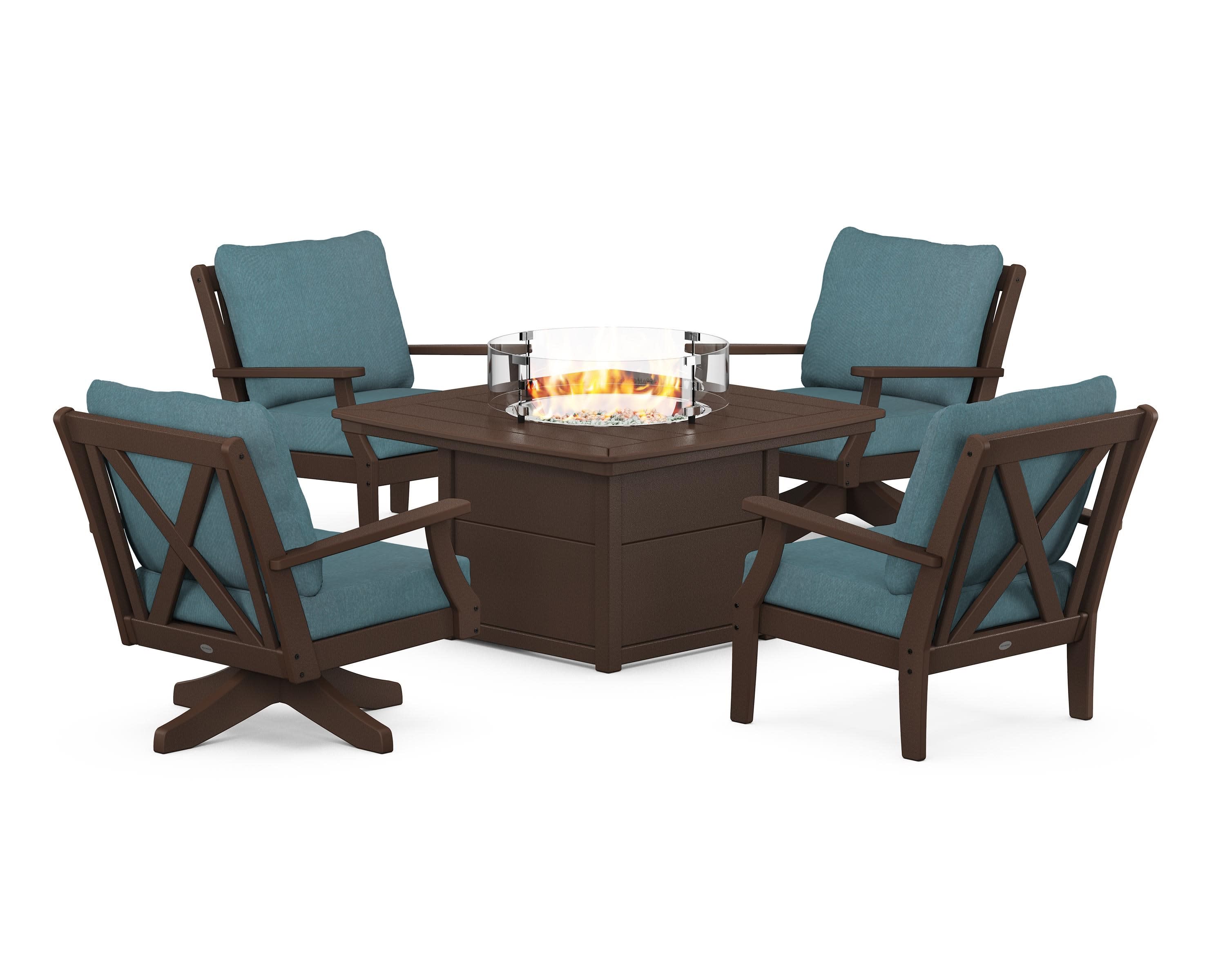 Braxton 5-Piece Deep Seating Set with Fire Table in Mahogany / Ocean Teal