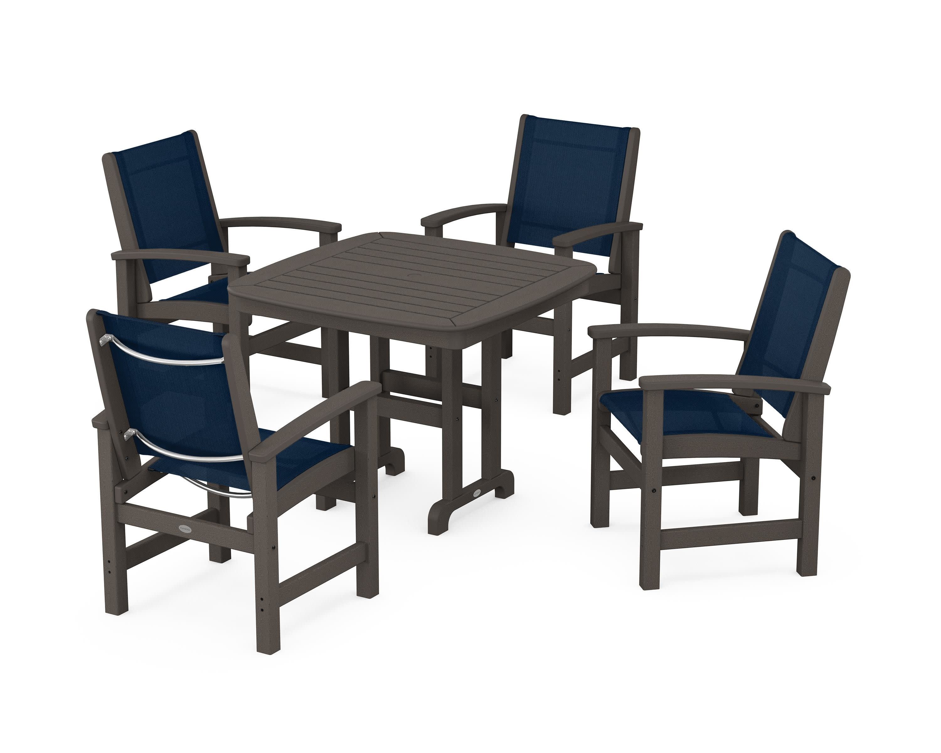 Coastal 5-Piece Dining Set in Vintage Coffee / Navy Blue Sling
